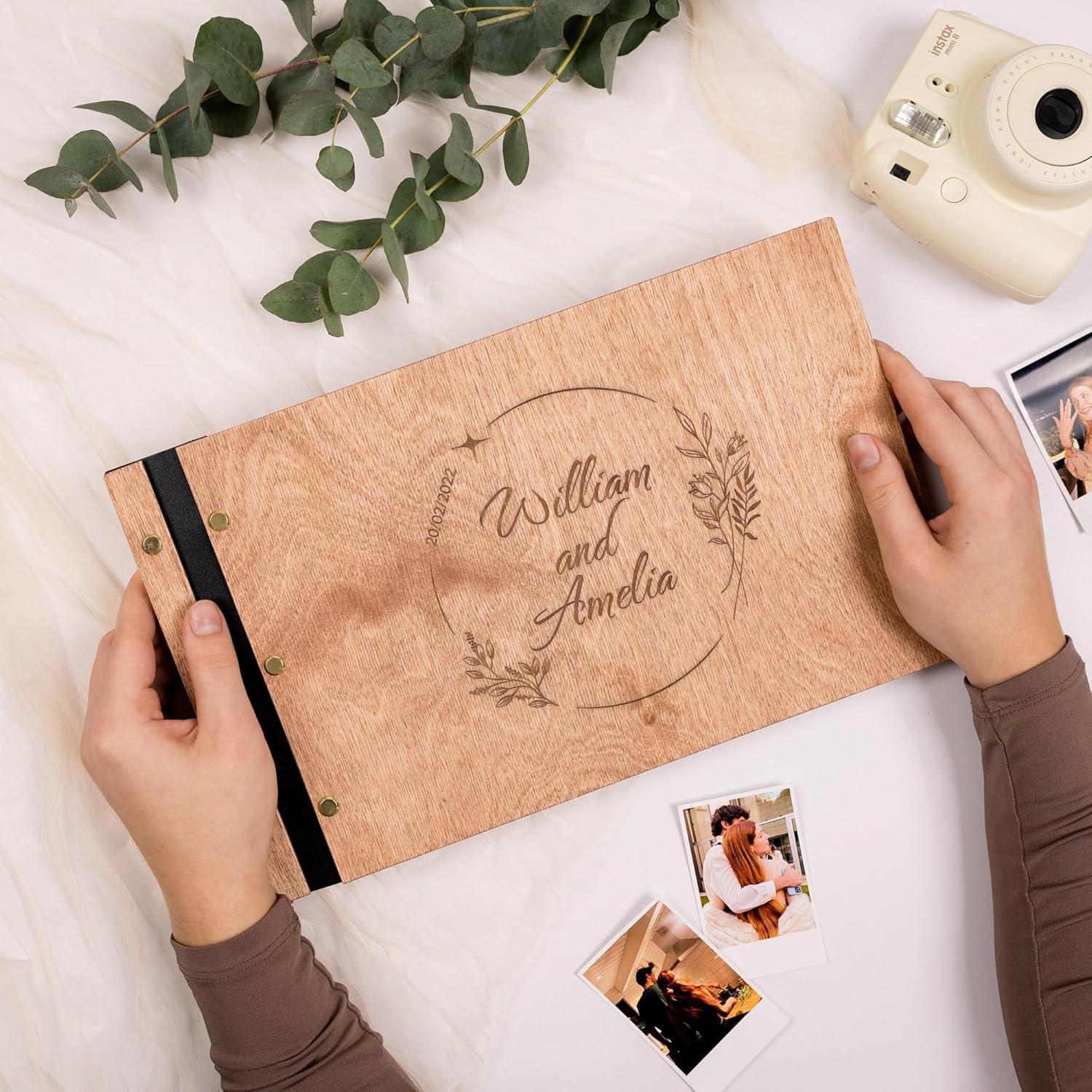 image:imageEnjoy The Wood Personalized Wooden Photo Album with Engraving Handmade Scrapbook Album Custom Memory Book for Wedding Family amp Special Moments Photo Book Best Gift for Couple MonogramWreath
