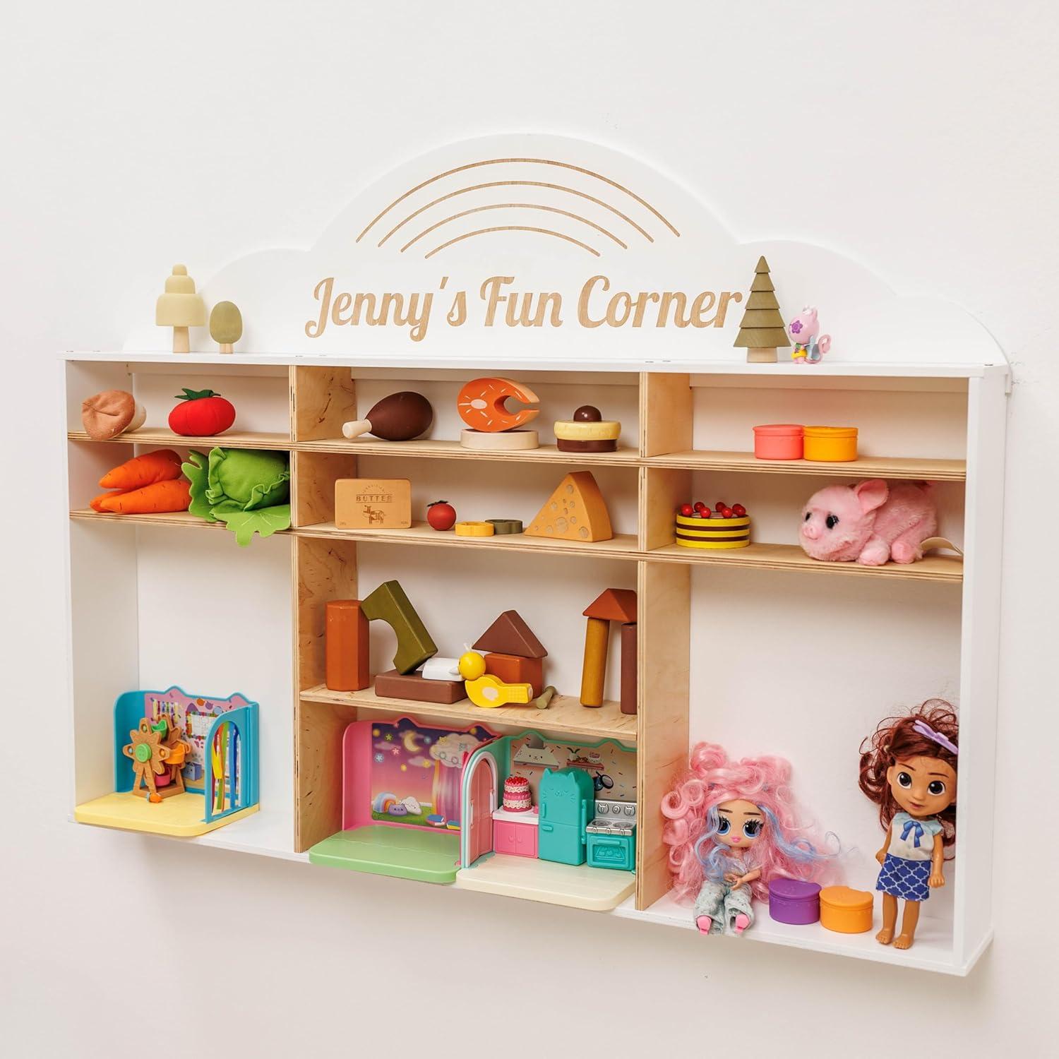 image:imageEnjoy The Wood Wooden Kids Toy Storage Organizer Montessori Shelf Toy Organizers and Storage Wall Mounted Nursery Shelves Optional Name Personalization Playroom Organization CrownRainbow