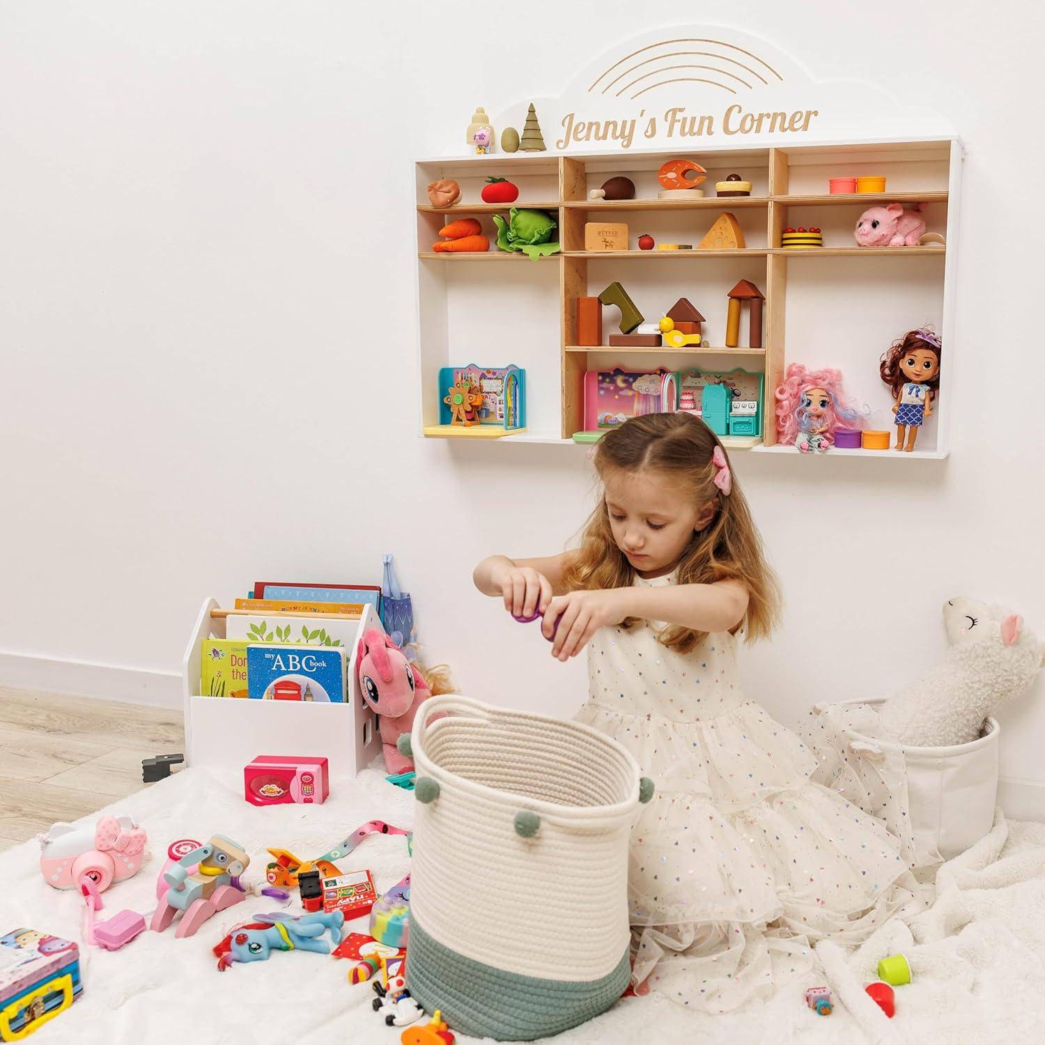 image:imageEnjoy The Wood Wooden Kids Toy Storage Organizer Montessori Shelf Toy Organizers and Storage Wall Mounted Nursery Shelves Optional Name Personalization Playroom Organization CrownRainbow