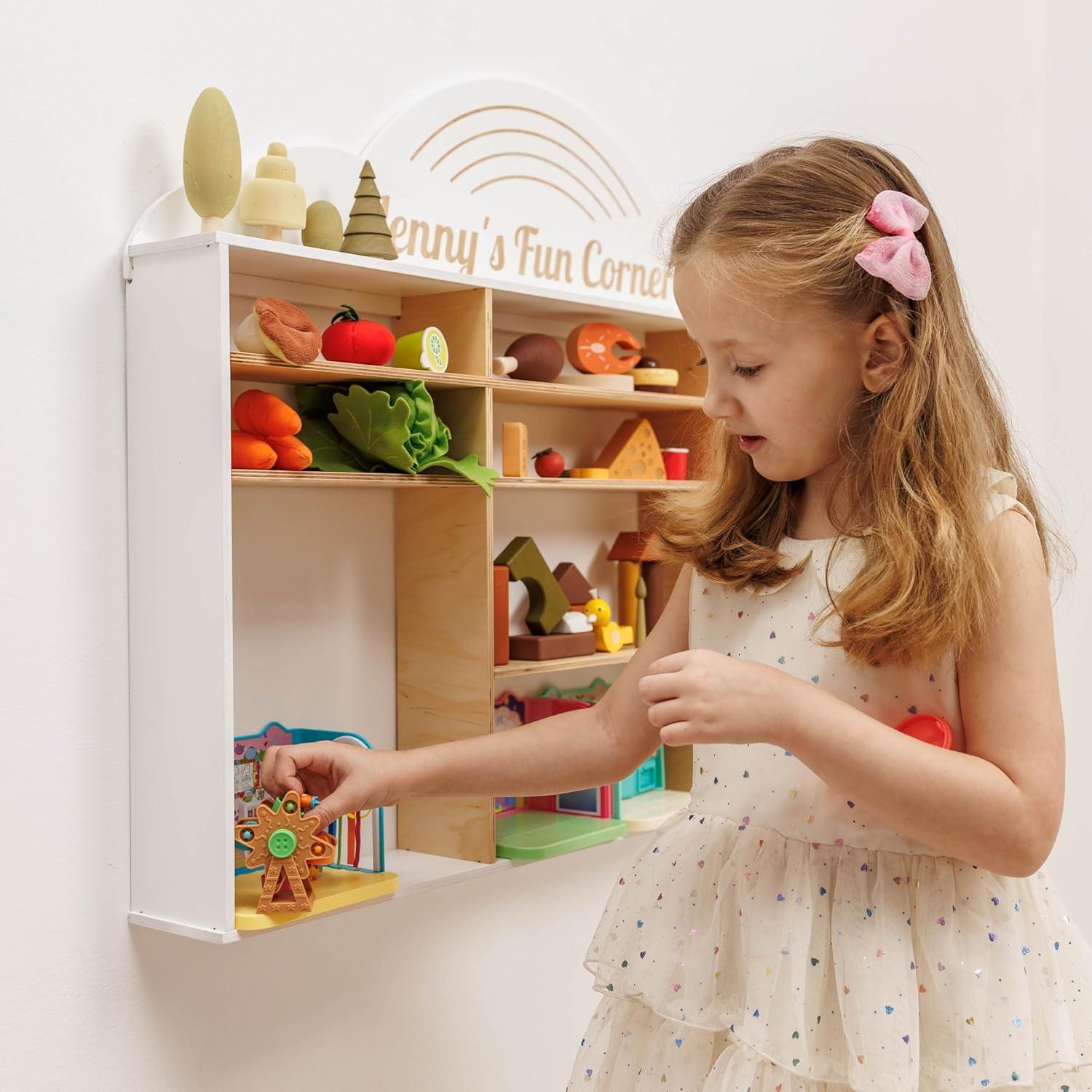 image:imageEnjoy The Wood Wooden Kids Toy Storage Organizer Montessori Shelf Toy Organizers and Storage Wall Mounted Nursery Shelves Optional Name Personalization Playroom Organization CrownRainbow