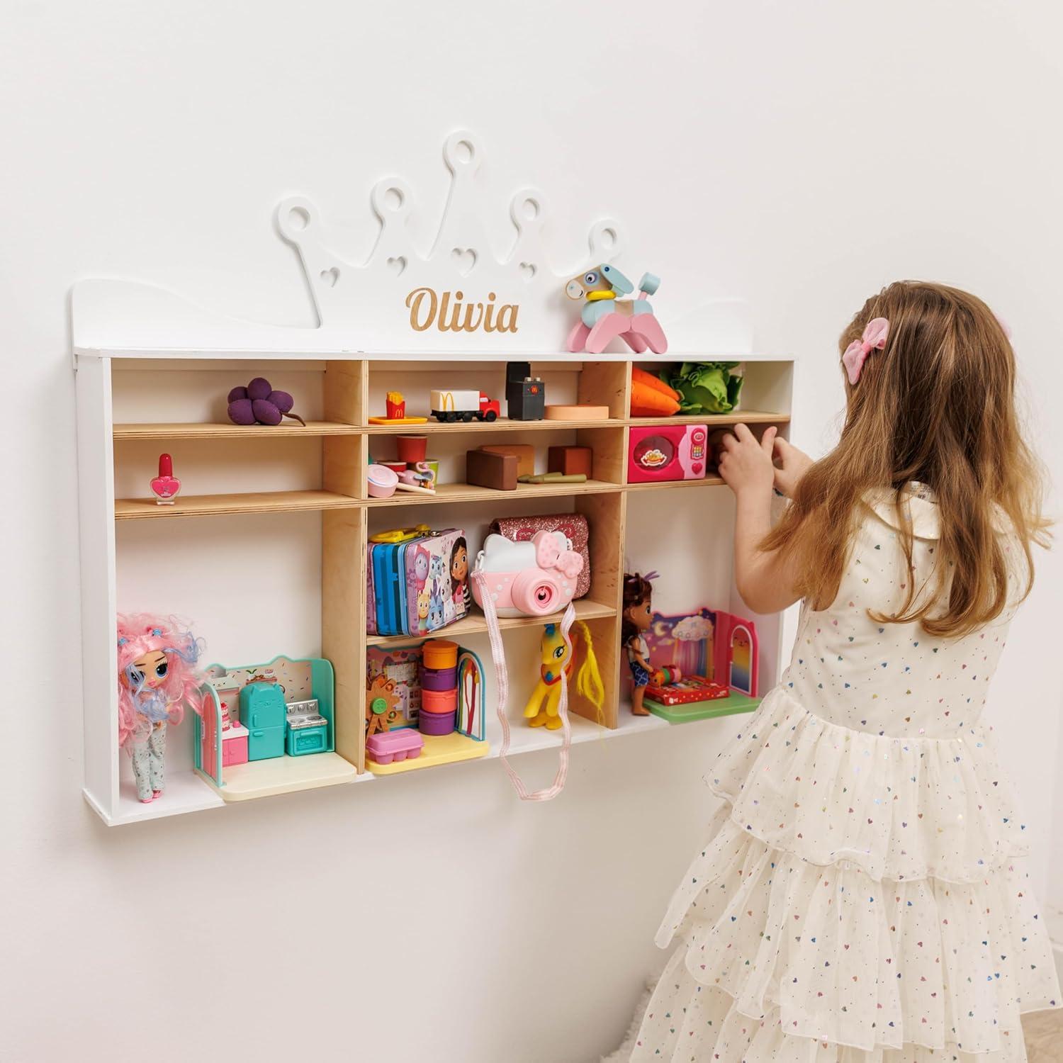 image:imageEnjoy The Wood Wooden Kids Toy Storage Organizer Montessori Shelf Toy Organizers and Storage Wall Mounted Nursery Shelves Optional Name Personalization Playroom Organization CrownCrown
