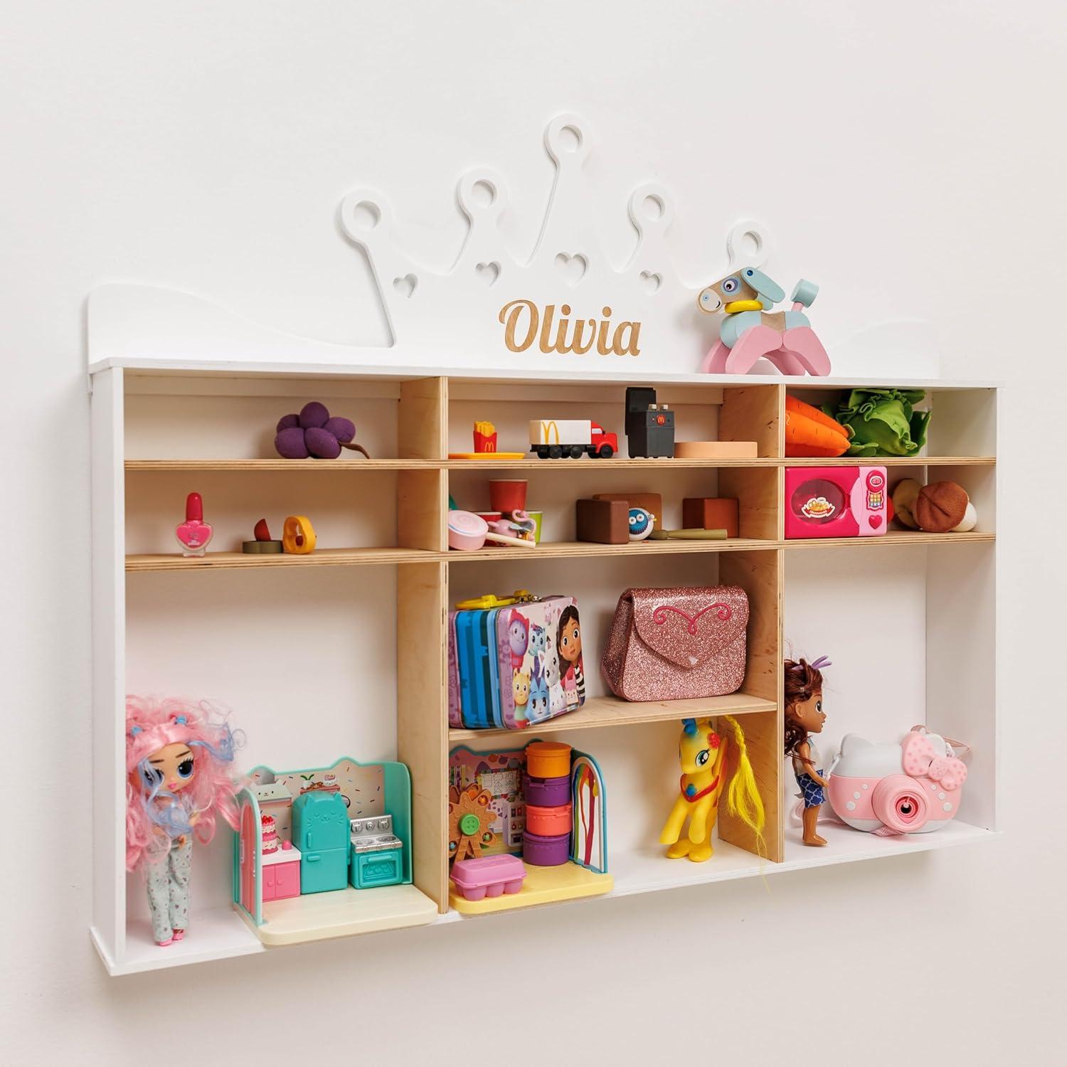 image:imageEnjoy The Wood Wooden Kids Toy Storage Organizer Montessori Shelf Toy Organizers and Storage Wall Mounted Nursery Shelves Optional Name Personalization Playroom Organization CrownCrown
