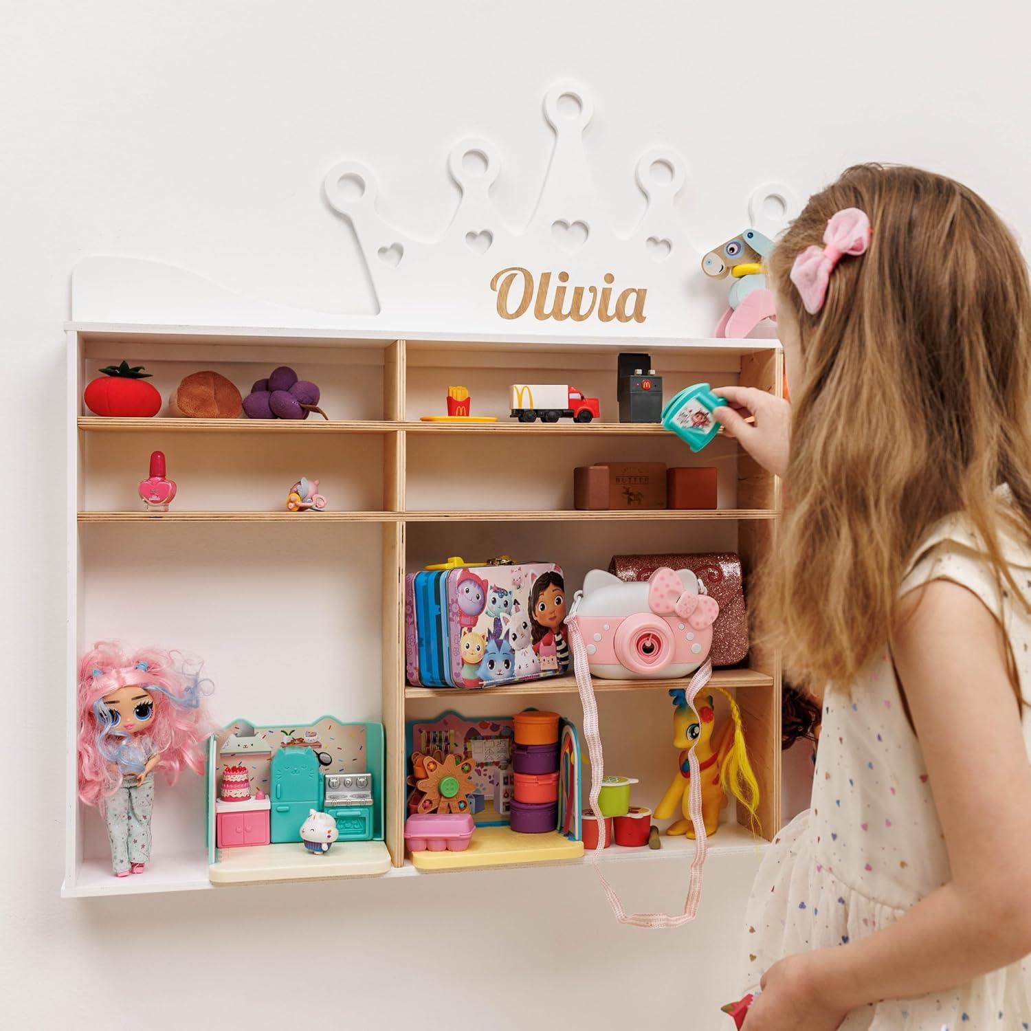 image:imageEnjoy The Wood Wooden Kids Toy Storage Organizer Montessori Shelf Toy Organizers and Storage Wall Mounted Nursery Shelves Optional Name Personalization Playroom Organization CrownCrown