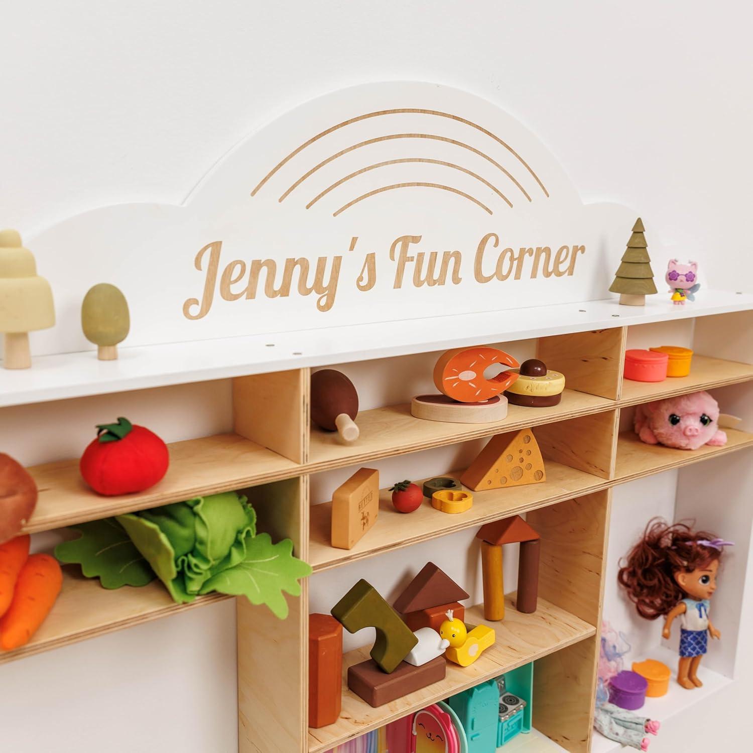 image:imageEnjoy The Wood Wooden Kids Toy Storage Organizer Montessori Shelf Toy Organizers and Storage Wall Mounted Nursery Shelves Optional Name Personalization Playroom Organization CrownRainbow