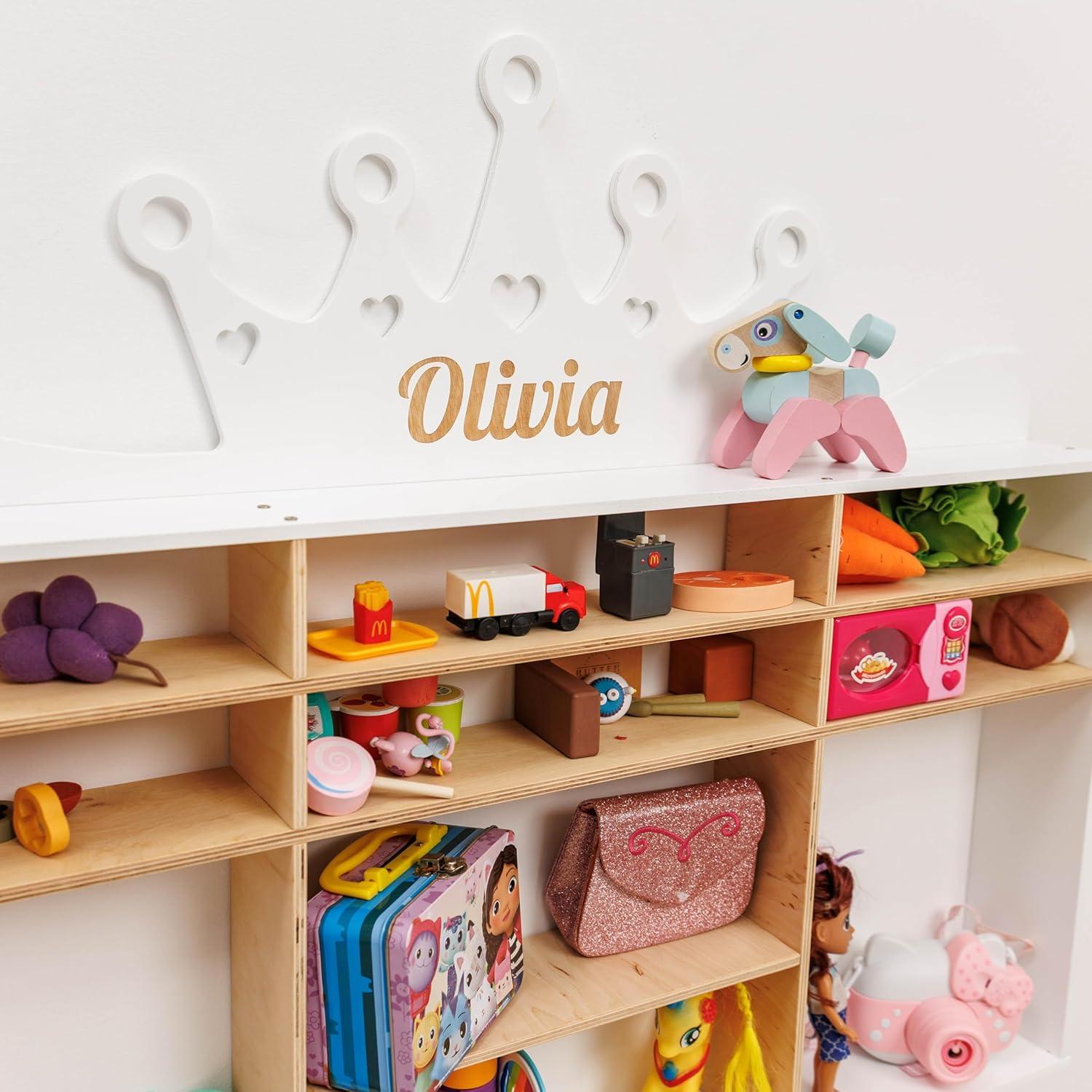 image:imageEnjoy The Wood Wooden Kids Toy Storage Organizer Montessori Shelf Toy Organizers and Storage Wall Mounted Nursery Shelves Optional Name Personalization Playroom Organization CrownCrown