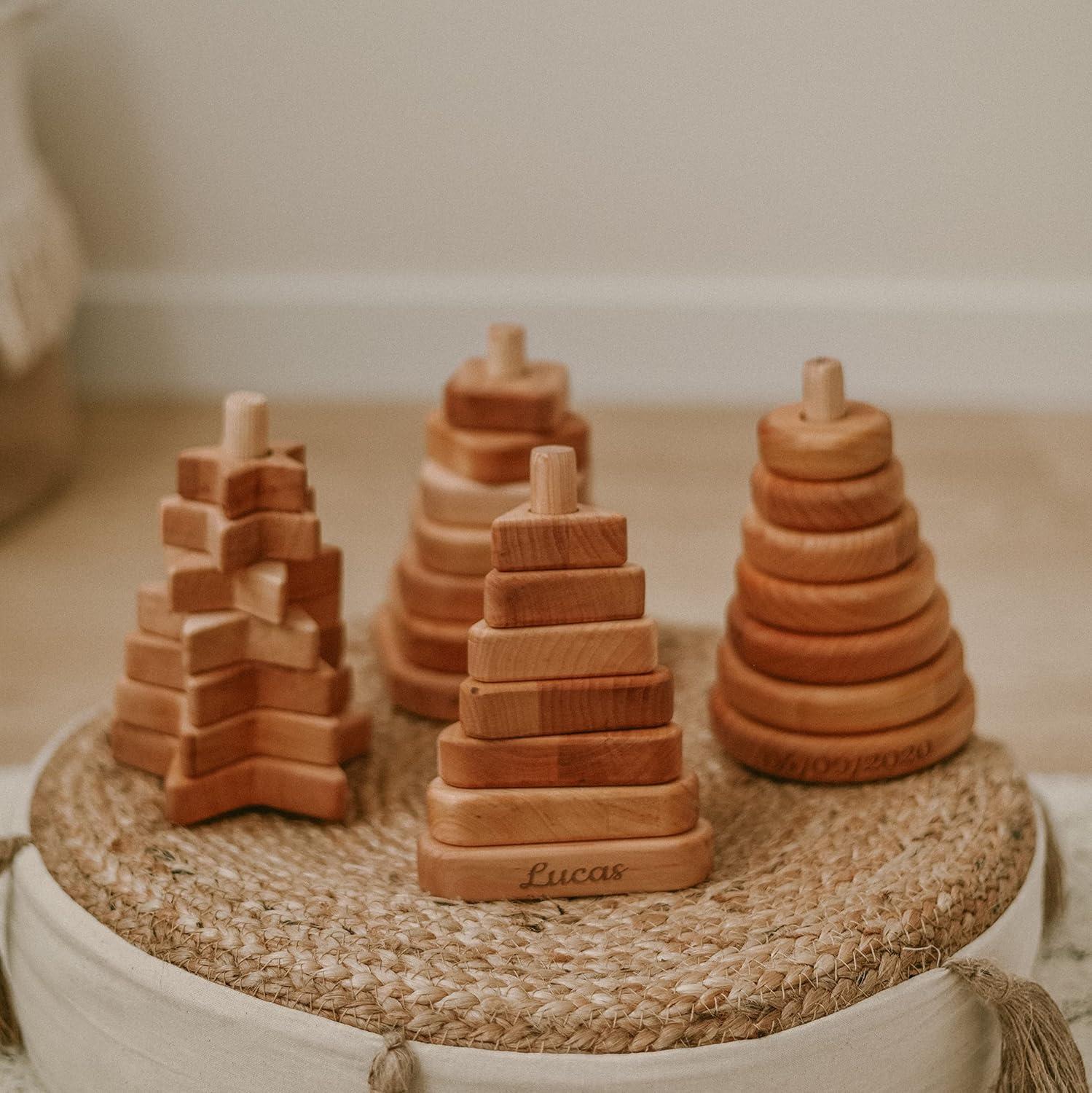 image:imageWooden Stacker Customized Toys Montessori Waldorf Sensory Toys Baby Keepsake Nursery Decor Ring Stacking Toy Baby First Birthday Triangle Stacking ToyStar Stacking Toy