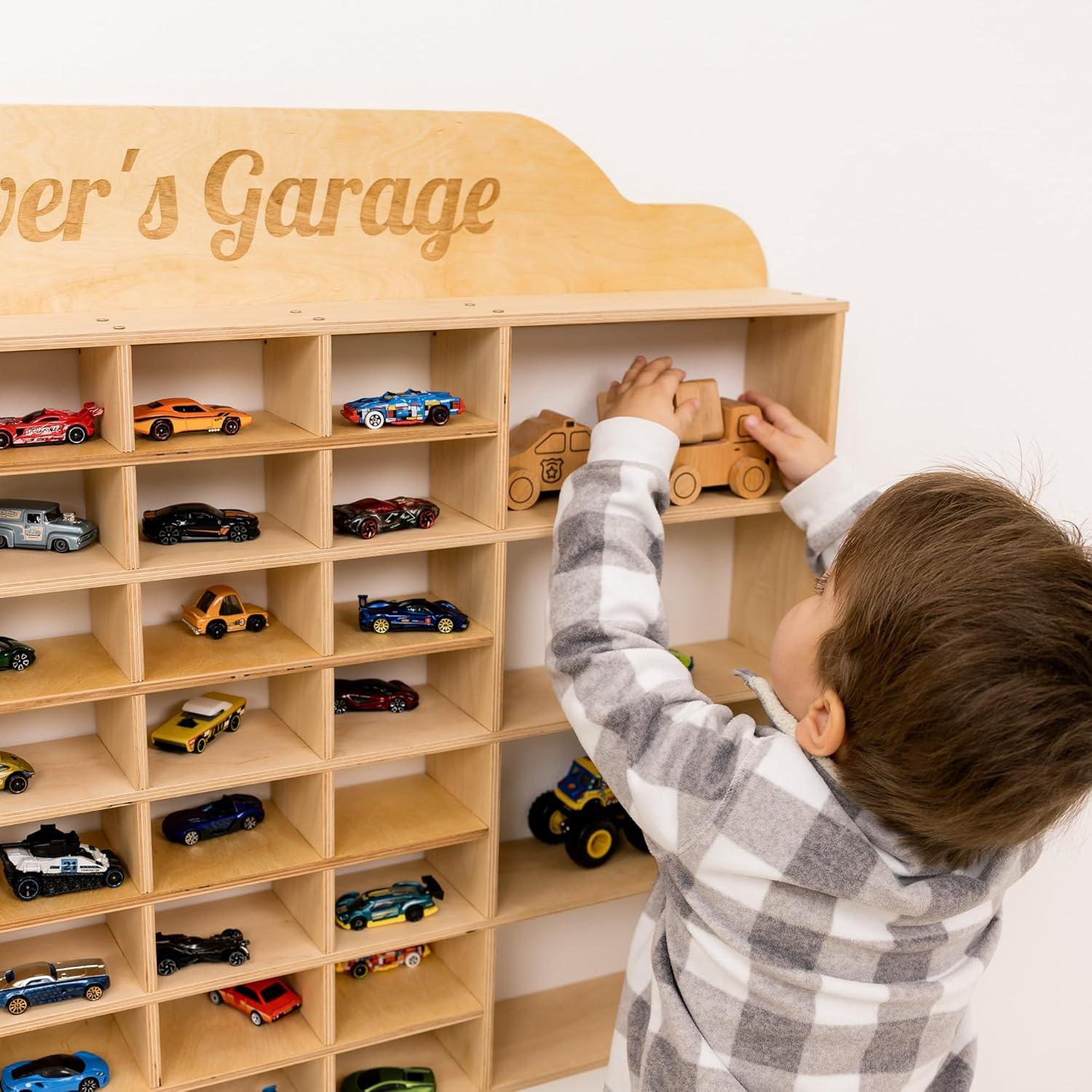 image:imageWooden Wall Mounted Toy Car Storage Organizer Shelf with Wheels Wooden Wall Display Shelves Personalizable Name Engraving Playroom Car Toy Organizer by EnjoyTheWood White Design 2Green