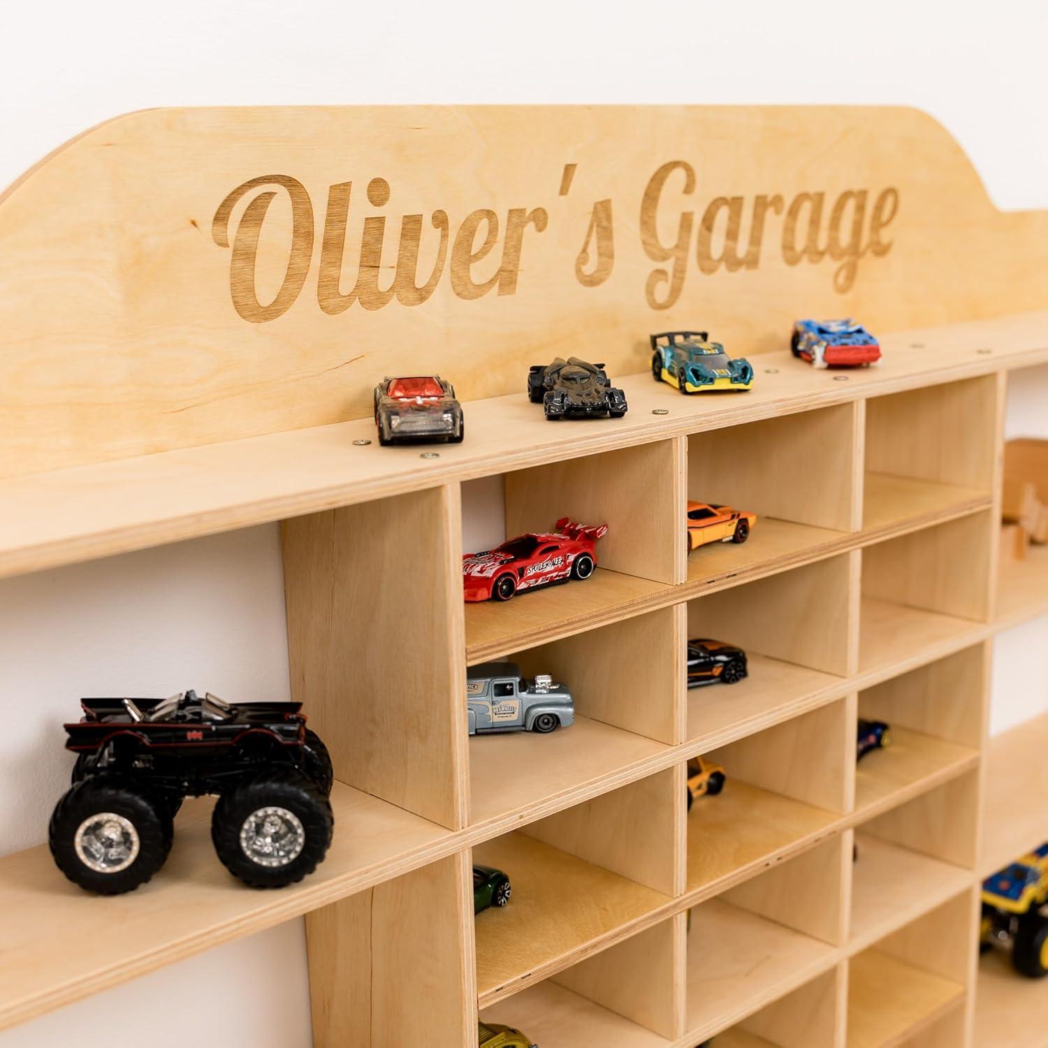 image:imageWooden Wall Mounted Toy Car Storage Organizer Shelf with Wheels Wooden Wall Display Shelves Personalizable Name Engraving Playroom Car Toy Organizer by EnjoyTheWood White Design 2Green