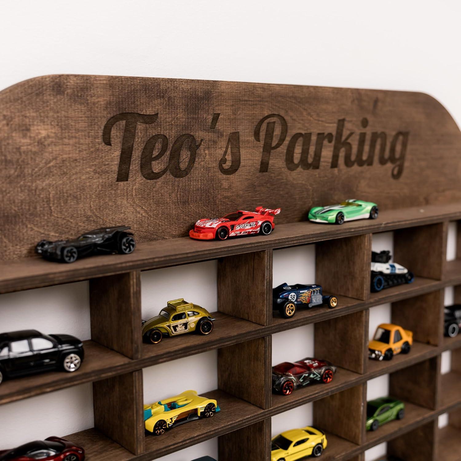 image:imageWooden Wall Mounted Toy Car Storage Organizer Shelf with Wheels Wooden Wall Display Shelves Personalizable Name Engraving Playroom Car Toy Organizer by EnjoyTheWood White Design 2Grey