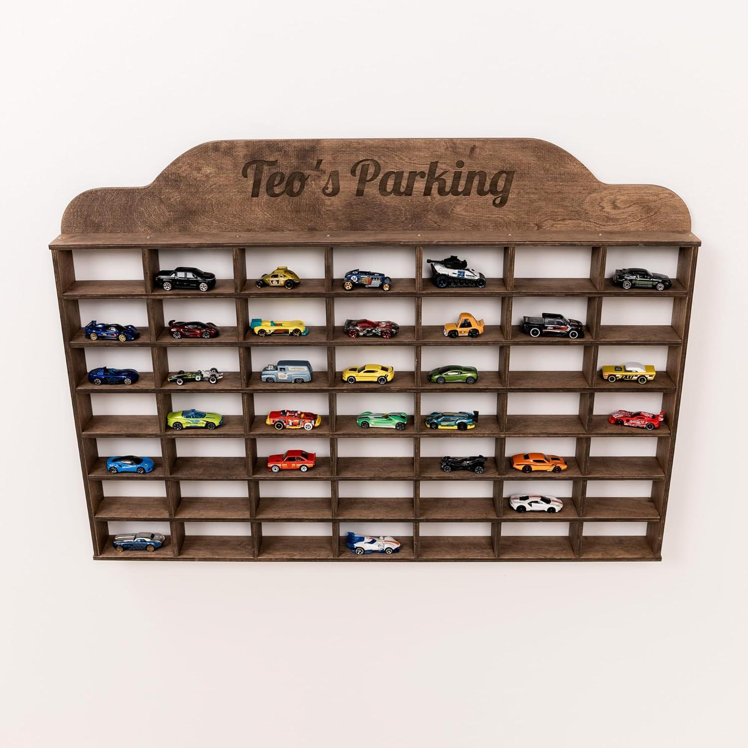 image:imageWooden Wall Mounted Toy Car Storage Organizer Shelf with Wheels Wooden Wall Display Shelves Personalizable Name Engraving Playroom Car Toy Organizer by EnjoyTheWood White Design 2Grey