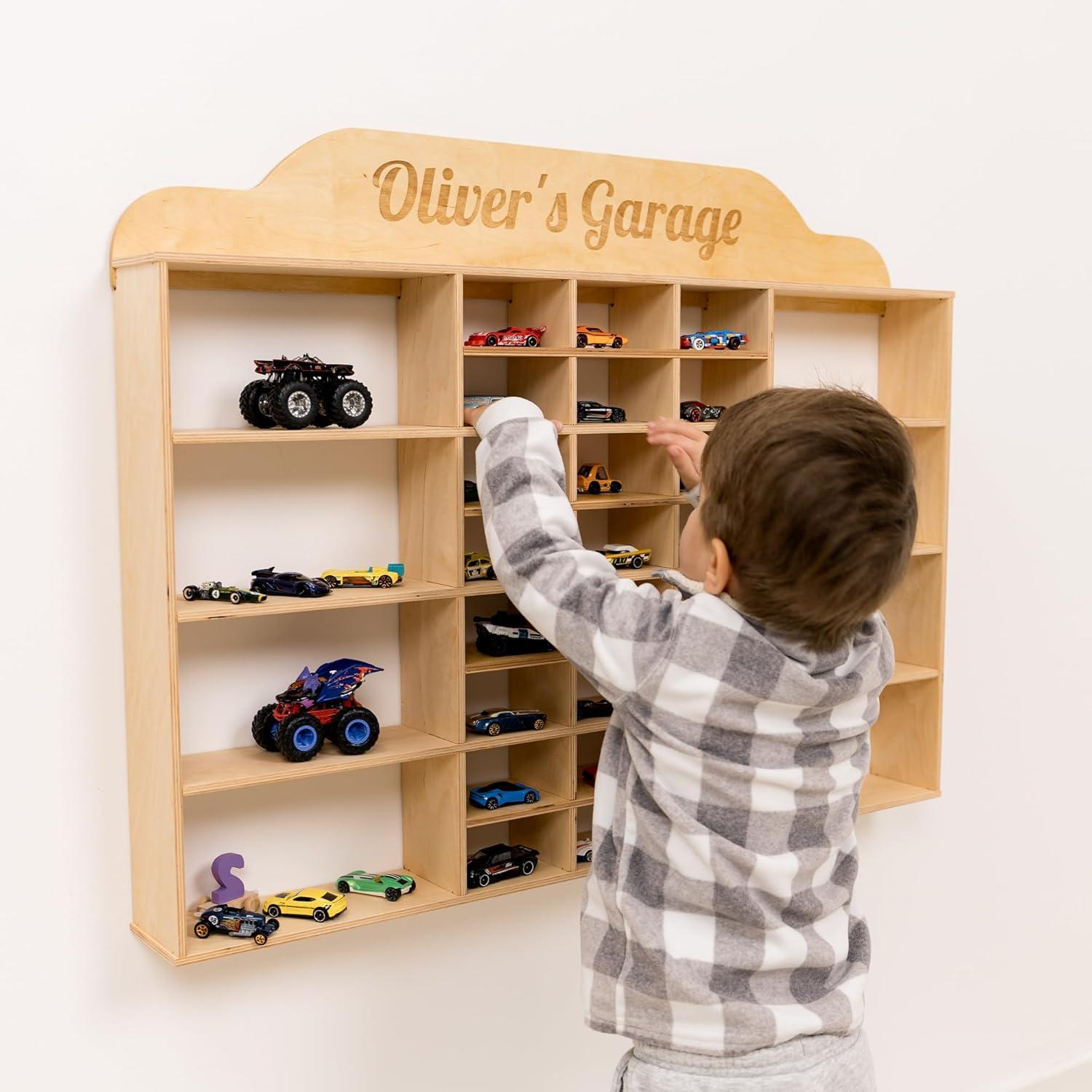 image:imageWooden Wall Mounted Toy Car Storage Organizer Shelf with Wheels Wooden Wall Display Shelves Personalizable Name Engraving Playroom Car Toy Organizer by EnjoyTheWood White Design 2Grey
