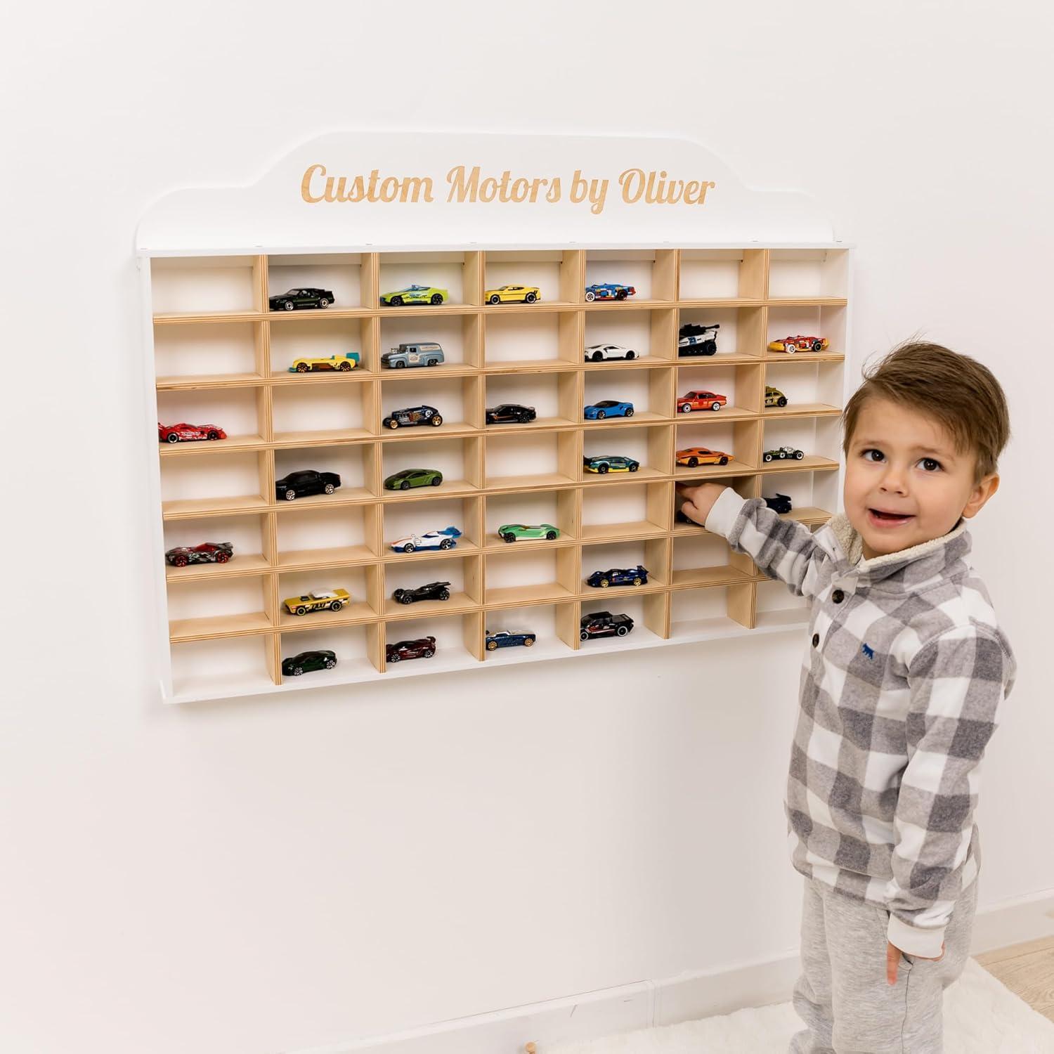 image:imageWooden Wall Mounted Toy Car Storage Organizer Shelf with Wheels Wooden Wall Display Shelves Personalizable Name Engraving Playroom Car Toy Organizer by EnjoyTheWood White Design 2Green