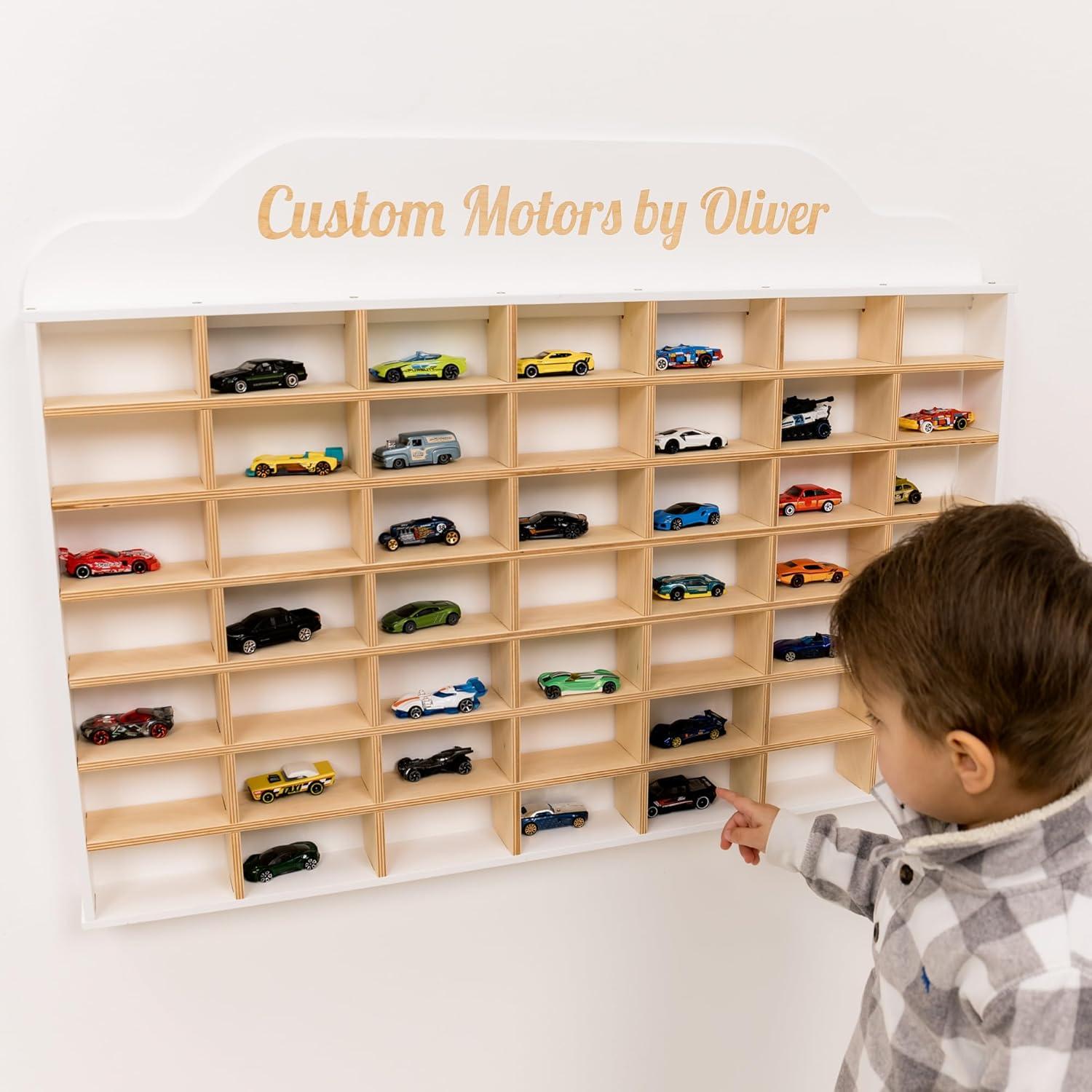 image:imageWooden Wall Mounted Toy Car Storage Organizer Shelf with Wheels Wooden Wall Display Shelves Personalizable Name Engraving Playroom Car Toy Organizer by EnjoyTheWood White Design 2Green