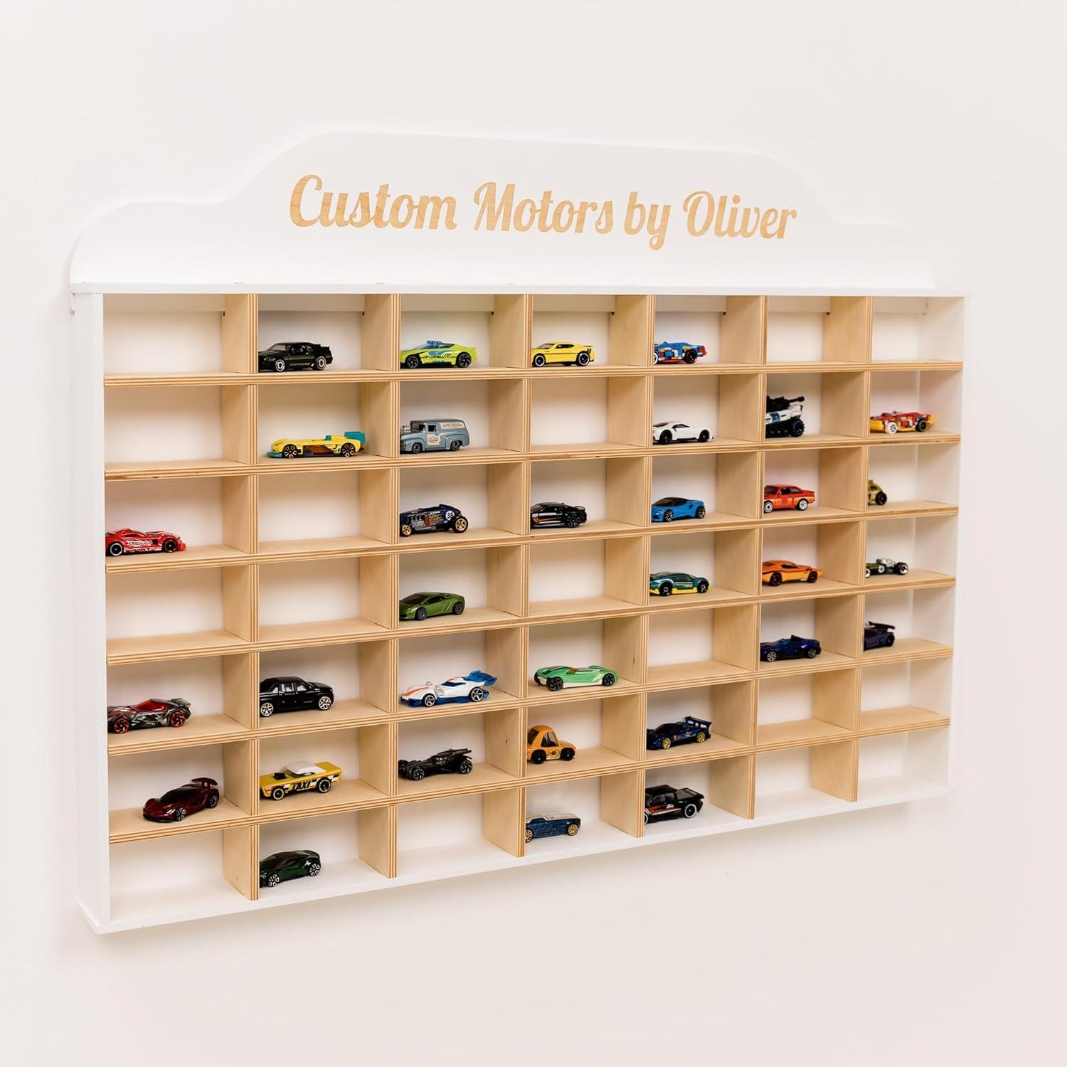 image:imageWooden Wall Mounted Toy Car Storage Organizer Shelf with Wheels Wooden Wall Display Shelves Personalizable Name Engraving Playroom Car Toy Organizer by EnjoyTheWood White Design 2Grey