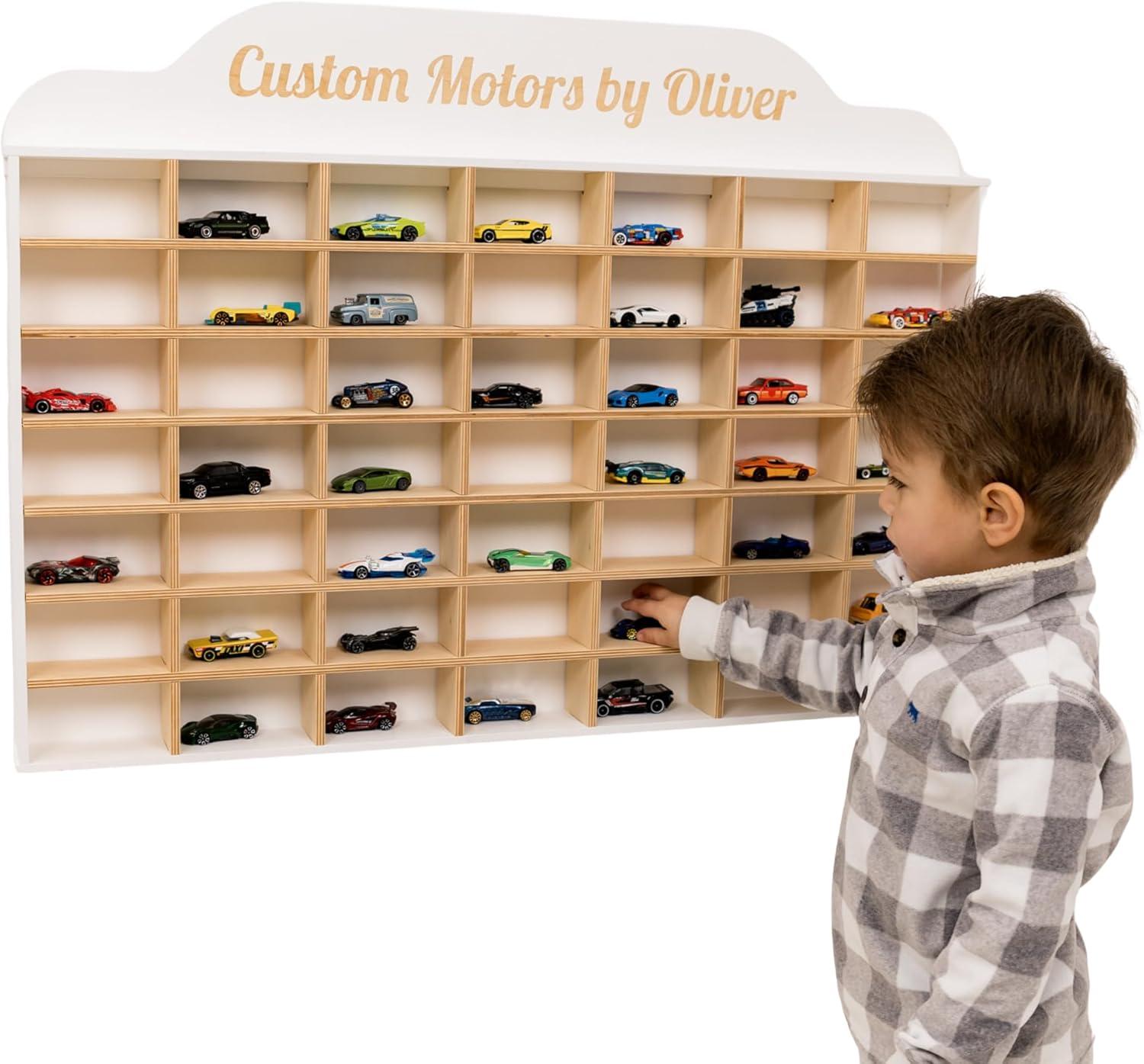 image:imageWooden Wall Mounted Toy Car Storage Organizer Shelf with Wheels Wooden Wall Display Shelves Personalizable Name Engraving Playroom Car Toy Organizer by EnjoyTheWood White Design 2Green