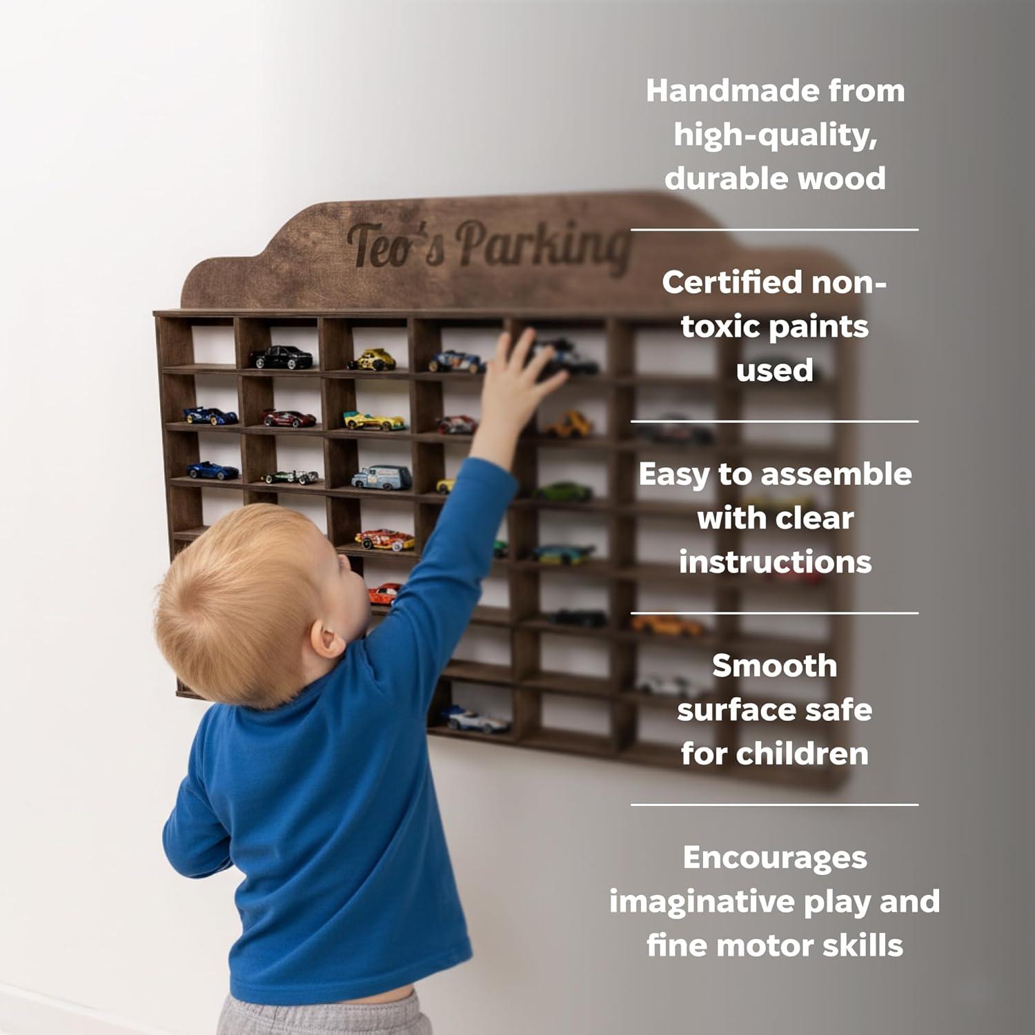 image:imageWooden Wall Mounted Toy Car Storage Organizer Shelf with Wheels Wooden Wall Display Shelves Personalizable Name Engraving Playroom Car Toy Organizer by EnjoyTheWood White Design 2Grey
