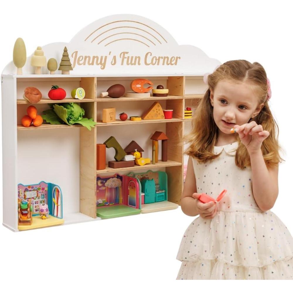 image:imageEnjoy The Wood Wooden Kids Toy Storage Organizer Montessori Shelf  Toy Organizers and Storage  Wall Mounted Nursery Shelves  Optional Name Personalization  Playroom Organization CrownRainbow