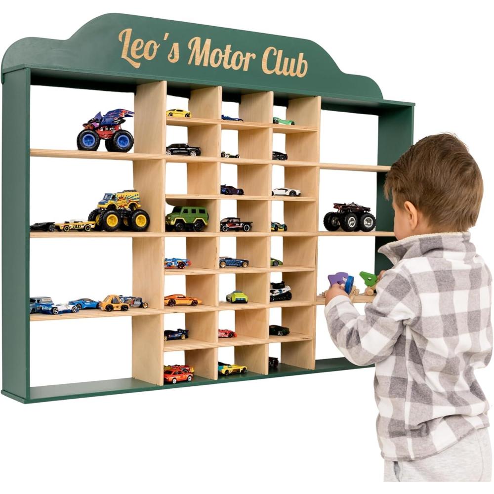 image:imageWooden Wall Mounted Toy Car Storage Organizer  Shelf with Wheels  Wooden Wall Display Shelves  Personalizable Name Engraving  Playroom Car Toy Organizer by EnjoyTheWood White Design 2Green