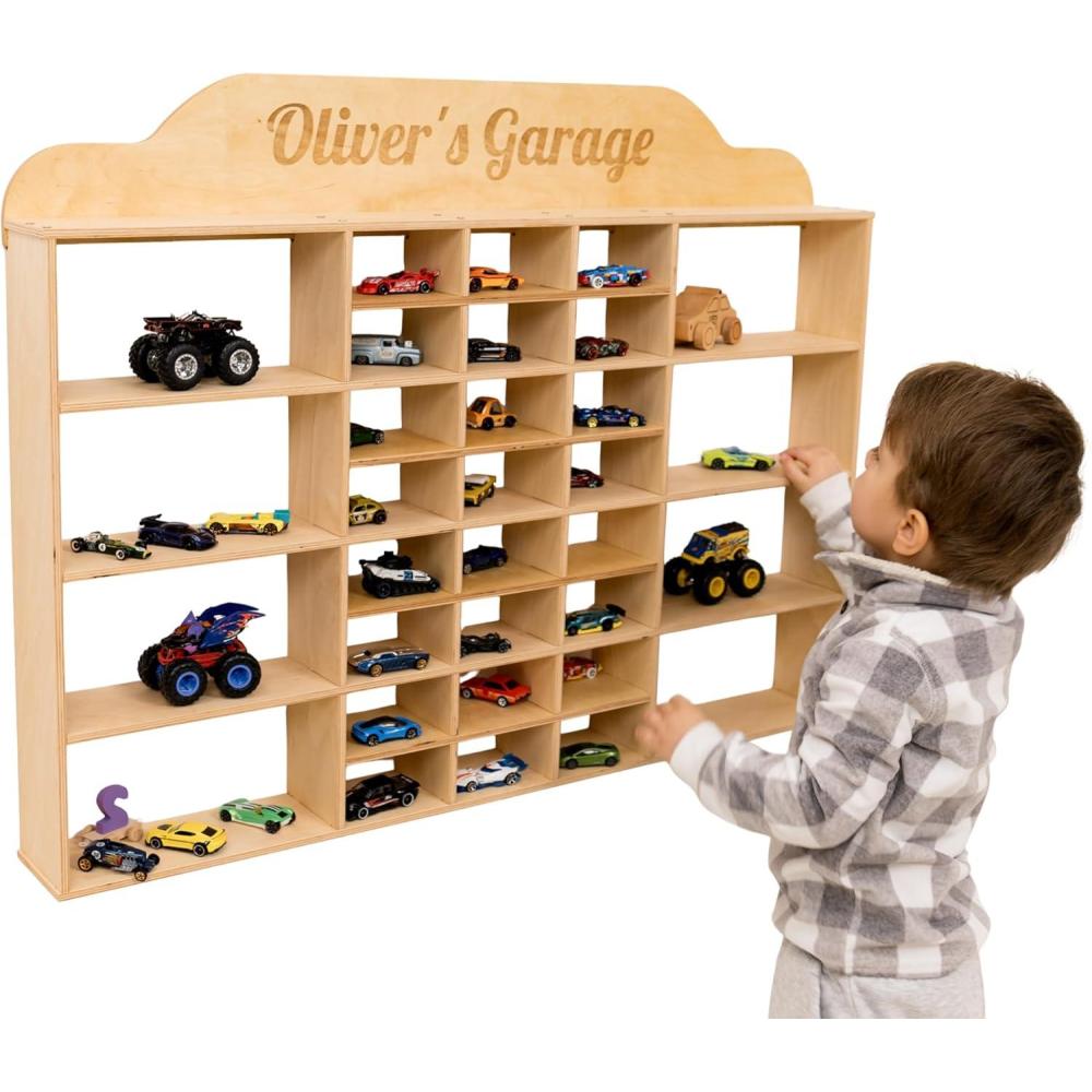 image:imageWooden Wall Mounted Toy Car Storage Organizer Shelf with Wheels Wooden Wall Display Shelves Personalizable Name Engraving Playroom Car Toy Organizer by EnjoyTheWood White Design 2Light