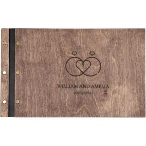 Enjoy The Wood Personalized Wooden Photo Album with Engraving – Handmade Scrapbook Album – Custom Memory Book for Wedding, Family & Special Moments – Photo Book Best Gift for Couple (Monogram)(Rings)