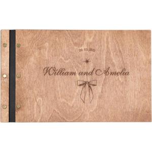 Enjoy The Wood Personalized Wooden Photo Album with Engraving – Handmade Scrapbook Album – Custom Memory Book for Wedding, Family & Special Moments – Photo Book Best Gift for Couple (Monogram)(Bow)