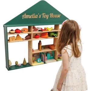 Enjoy The Wood Wooden Kids Toy Storage Organizer Montessori Shelf – Toy Organizers and Storage – Wall Mounted Nursery Shelves – Optional Name Personalization – Playroom Organization (Crown)(House)