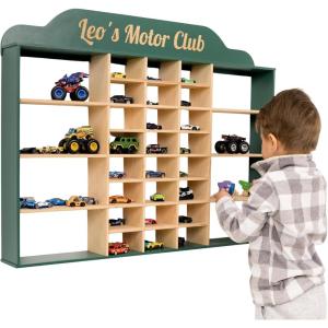 Wooden Wall Mounted Toy Car Storage Organizer – Shelf with Wheels – Wooden Wall Display Shelves – Personalizable Name Engraving – Playroom Car Toy Organizer by EnjoyTheWood (White, Design 2)(Green)