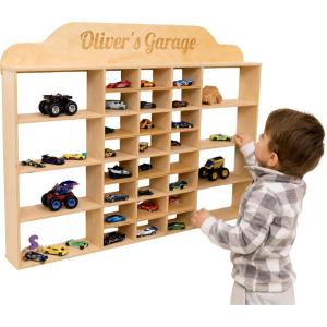 Wooden Wall Mounted Toy Car Storage Organizer – Shelf with Wheels – Wooden Wall Display Shelves – Personalizable Name Engraving – Playroom Car Toy Organizer by EnjoyTheWood (White, Design 2)(Dark Walnut)