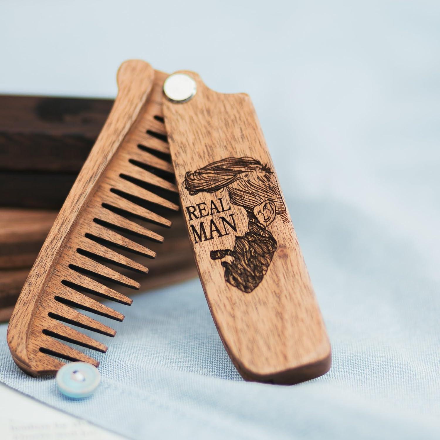 image:imageBeard Comb for Men Pocket Folding Combs for Mustache amp Hair Travel Natural Wooden Comb with Real Man Engraving Perfect for Use wBeard Balm Oil Wavy Half Skull Model WVModel RM