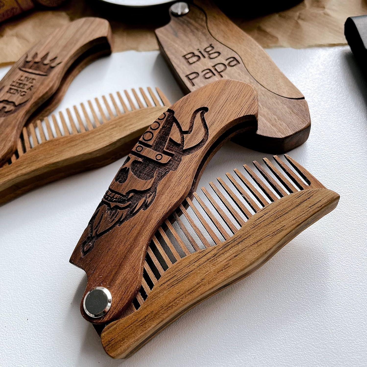 image:imageBeard Comb for Men Pocket Folding Combs for Mustache amp Hair Travel Natural Wooden Comb with Real Man Engraving Perfect for Use wBeard Balm Oil Wavy Half Skull Model WVModel WV