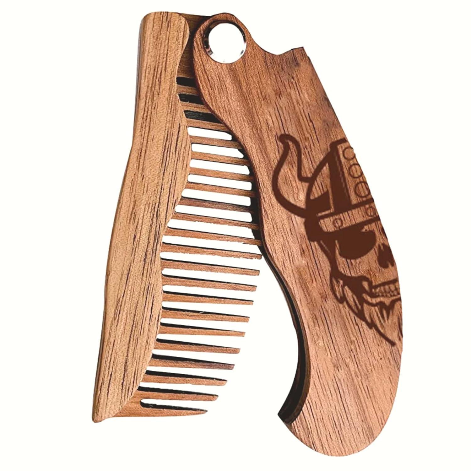 image:imageBeard Comb for Men Pocket Folding Combs for Mustache amp Hair Travel Natural Wooden Comb with Real Man Engraving Perfect for Use wBeard Balm Oil Wavy Half Skull Model WVModel WV