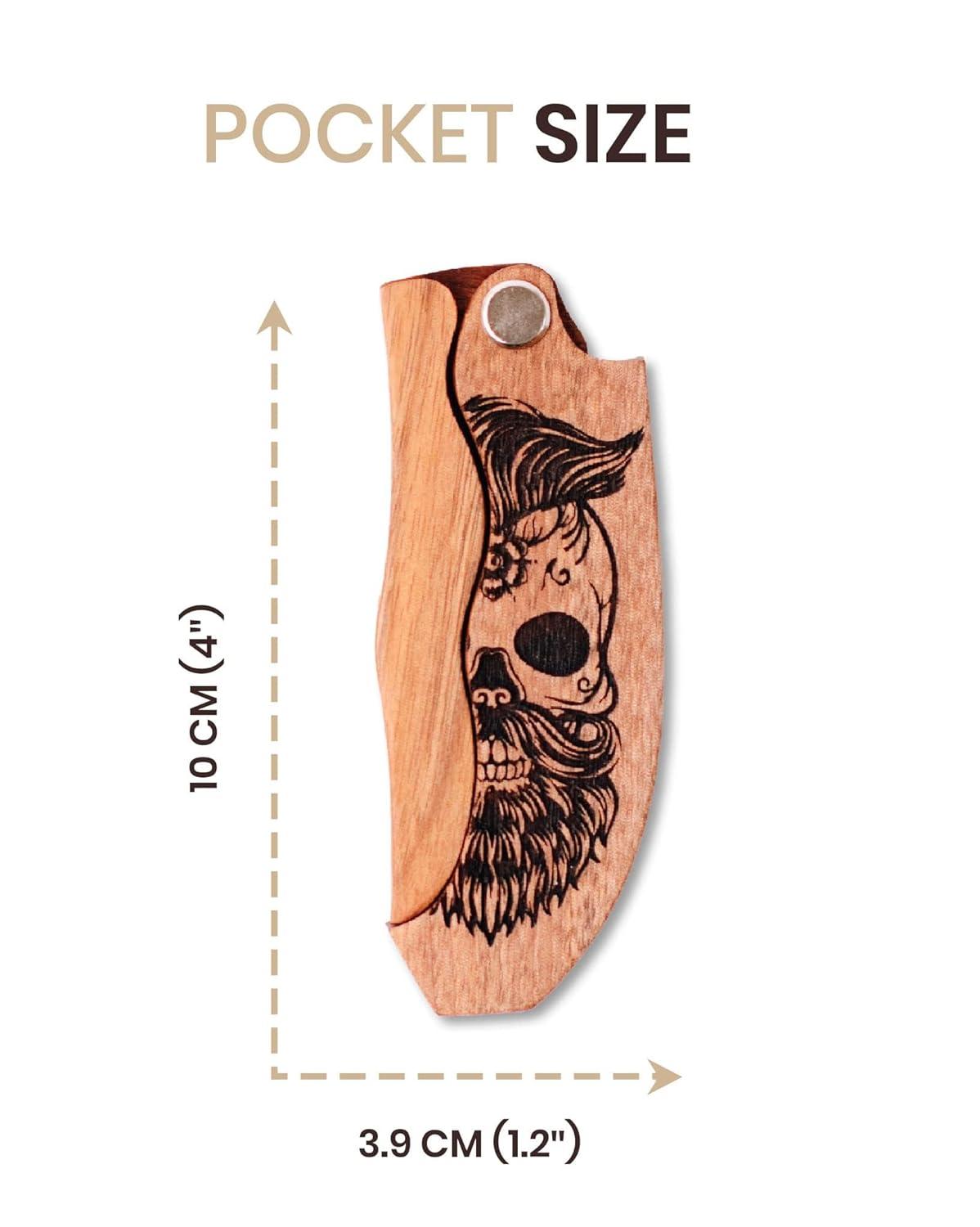 image:imageBeard Comb for Men Pocket Folding Combs for Mustache amp Hair Travel Natural Wooden Comb with Real Man Engraving Perfect for Use wBeard Balm Oil Wavy Half Skull Model WVModel WV