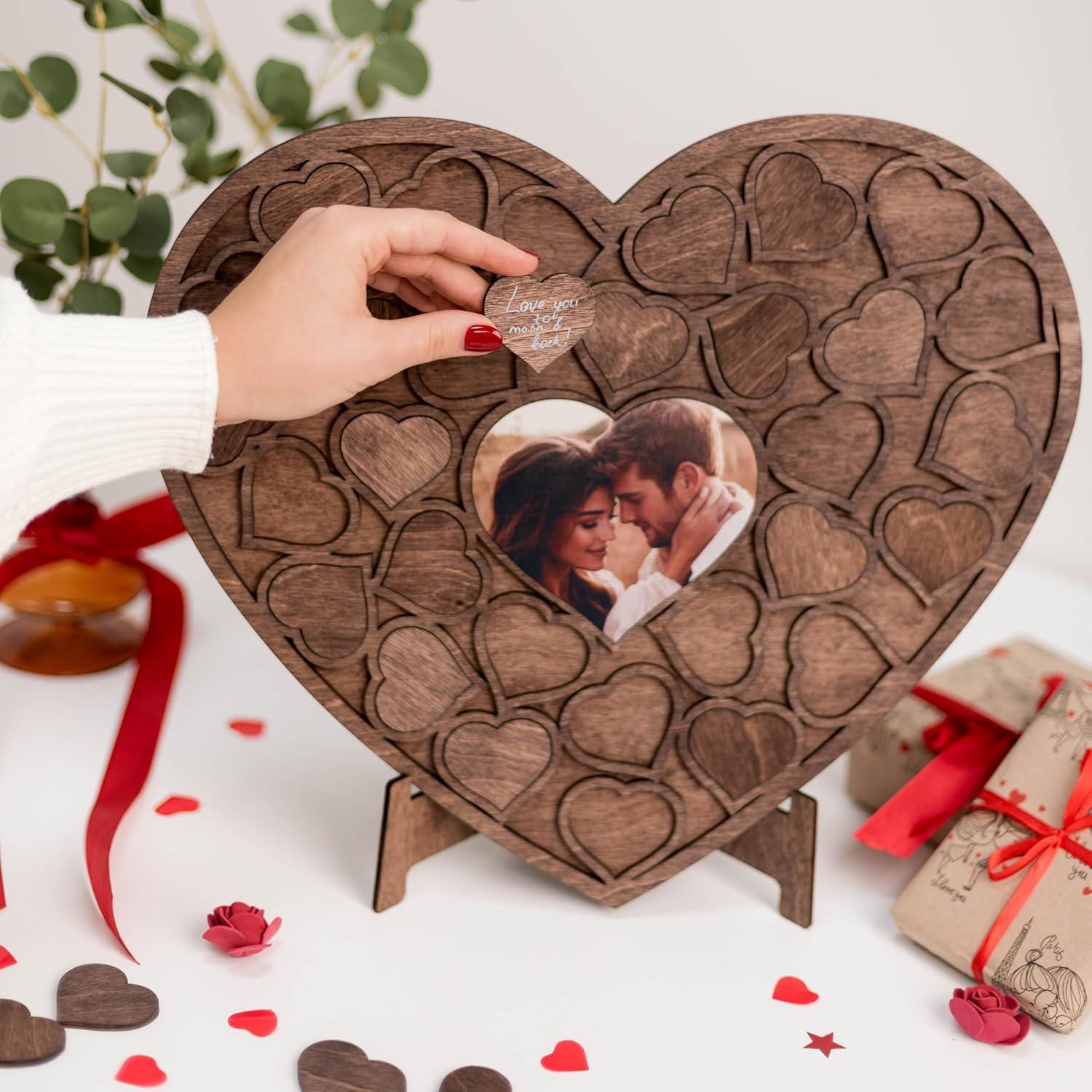image:imageEnjoy The Wood Heart Frame Wedding Guest Book Alternative Heart Shaped Guestbook with a Photo Custom Sentimental Valentines Day Gifts for Him and Her
