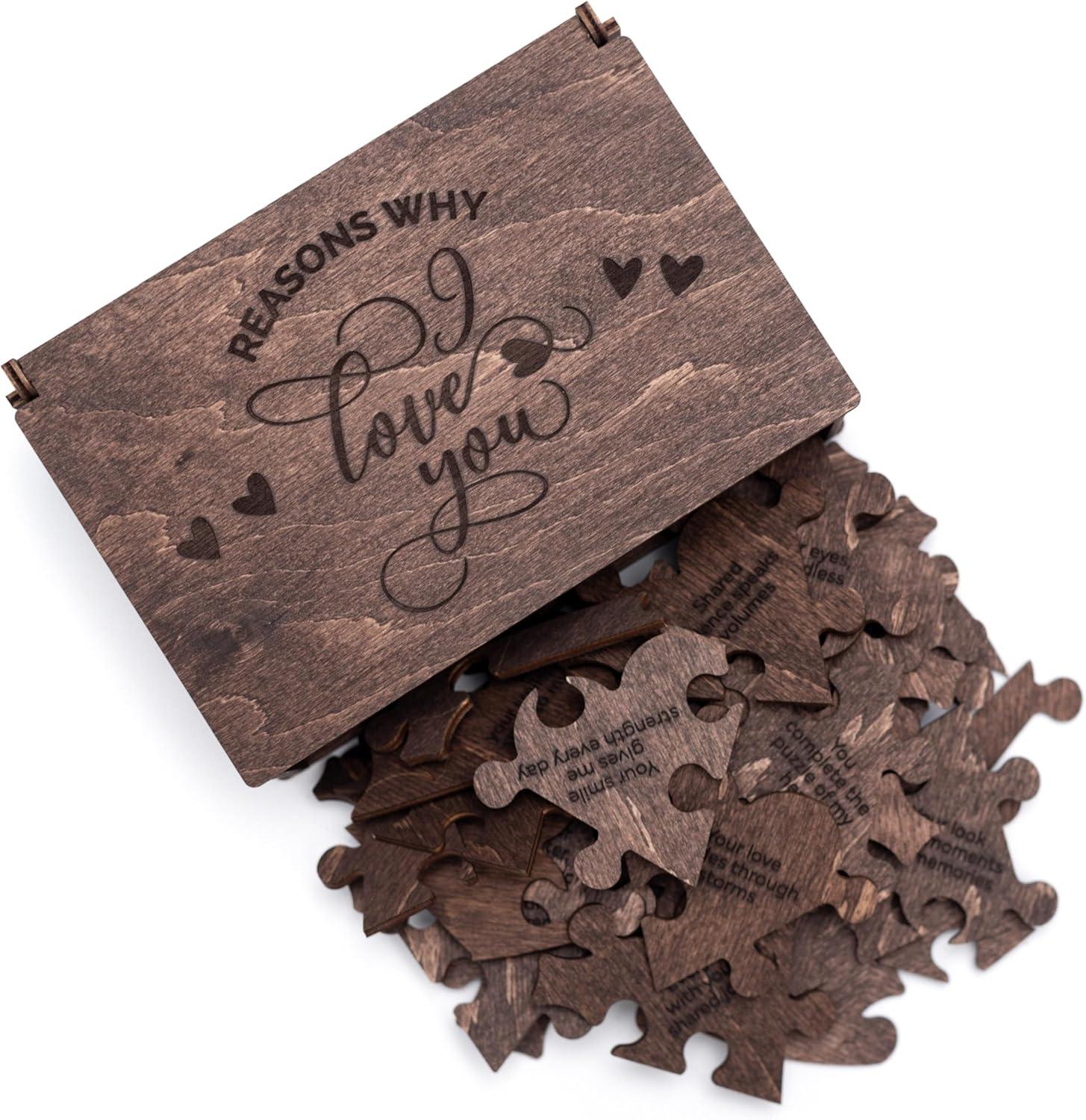 image:imageReasons Why I Love You Personalized Wooden Heart Puzzle in Wood Box Custom Sentimental Valentines Day Gifts For Him and Her Wedding Keepsake Gift Box Mini 16 pcs PecanDark Walnut