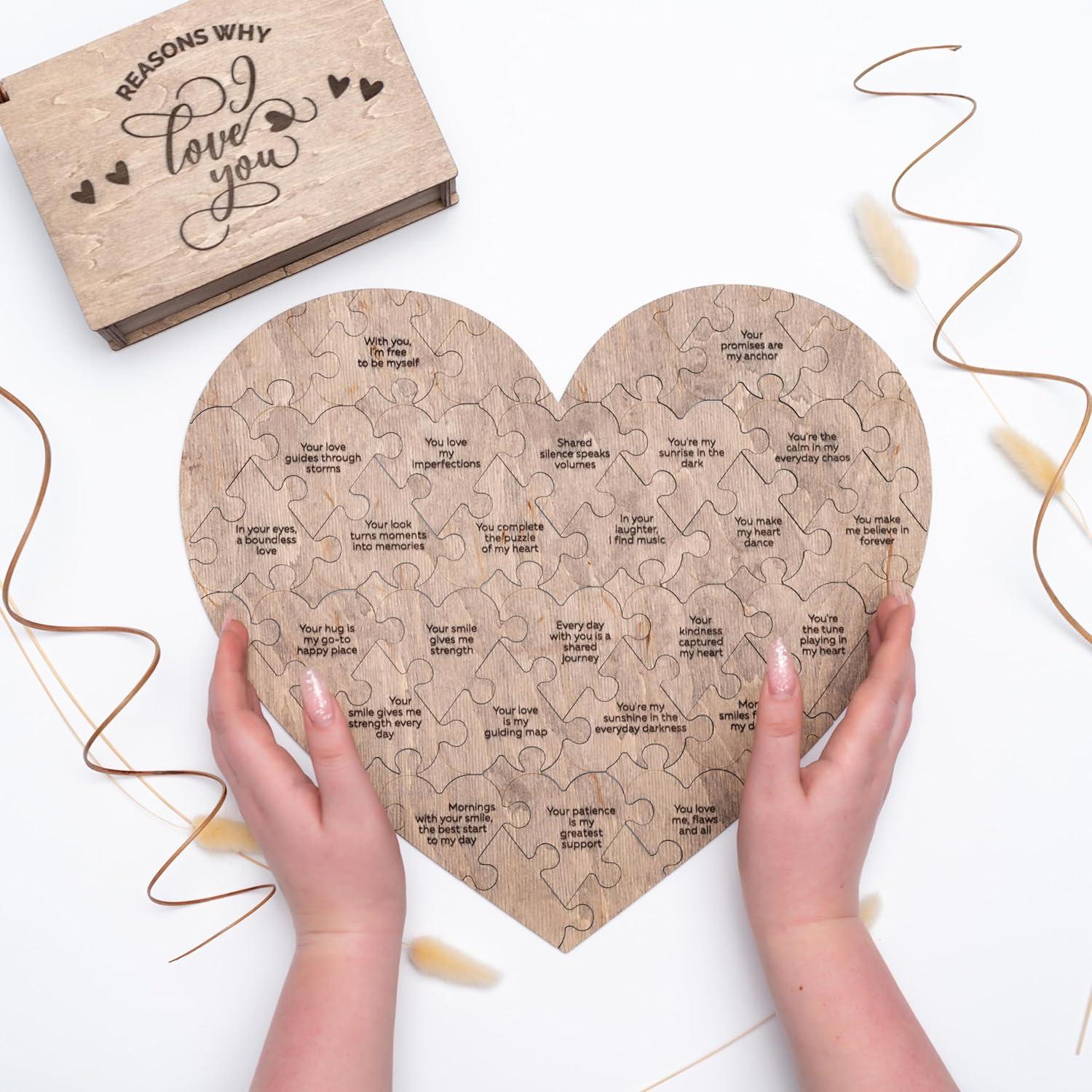 image:imageReasons Why I Love You Personalized Wooden Heart Puzzle in Wood Box Custom Sentimental Valentines Day Gifts For Him and Her Wedding Keepsake Gift Box Mini 16 pcs PecanTerra
