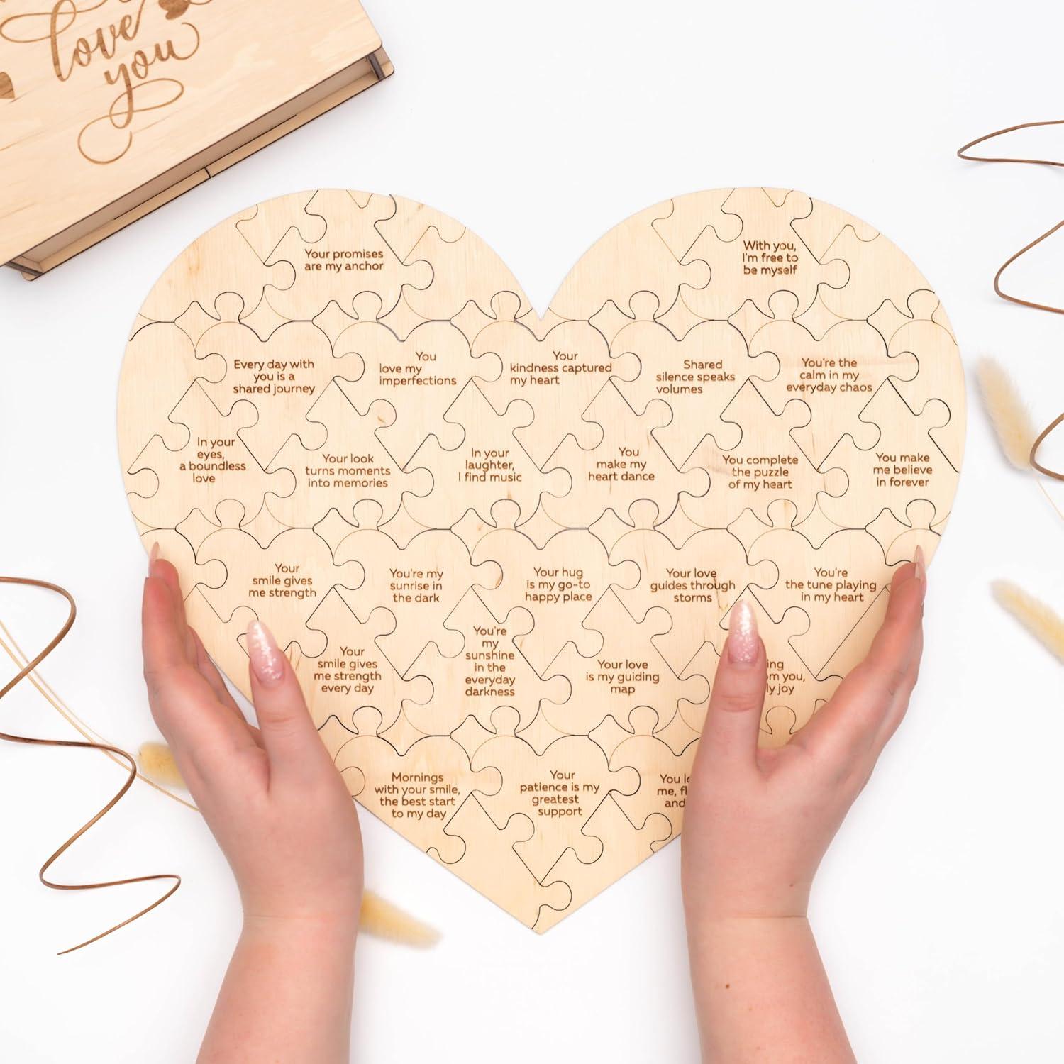 image:imageReasons Why I Love You Personalized Wooden Heart Puzzle in Wood Box Custom Sentimental Valentines Day Gifts For Him and Her Wedding Keepsake Gift Box Mini 16 pcs PecanLight