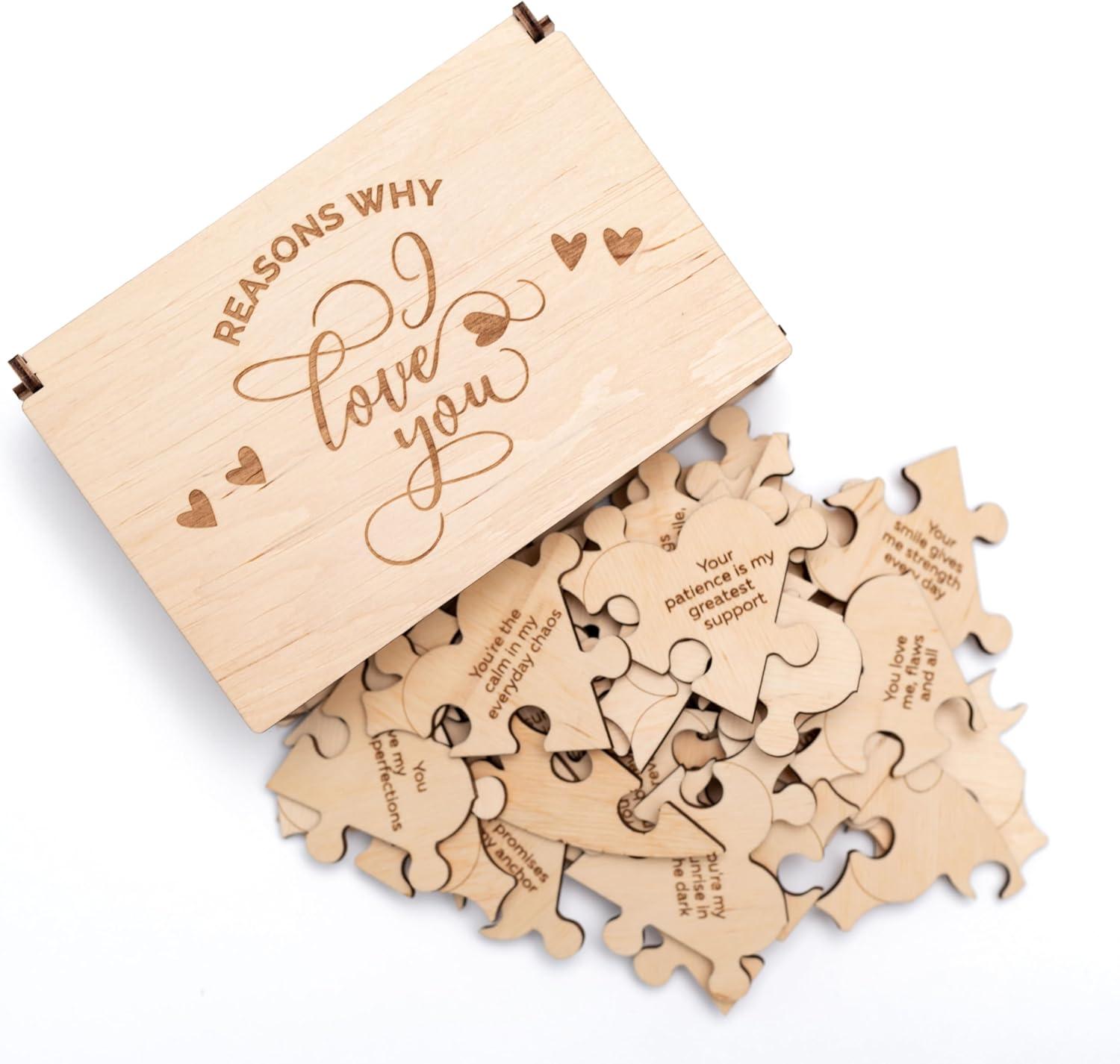 image:imageReasons Why I Love You Personalized Wooden Heart Puzzle in Wood Box Custom Sentimental Valentines Day Gifts For Him and Her Wedding Keepsake Gift Box Mini 16 pcs PecanLight