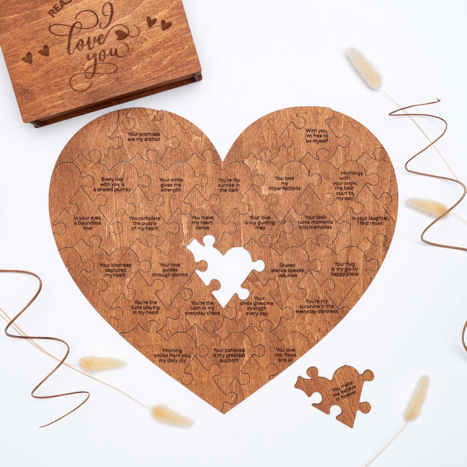image:imageReasons Why I Love You Personalized Wooden Heart Puzzle in Wood Box Custom Sentimental Valentines Day Gifts For Him and Her Wedding Keepsake Gift Box Mini 16 pcs PecanPecan