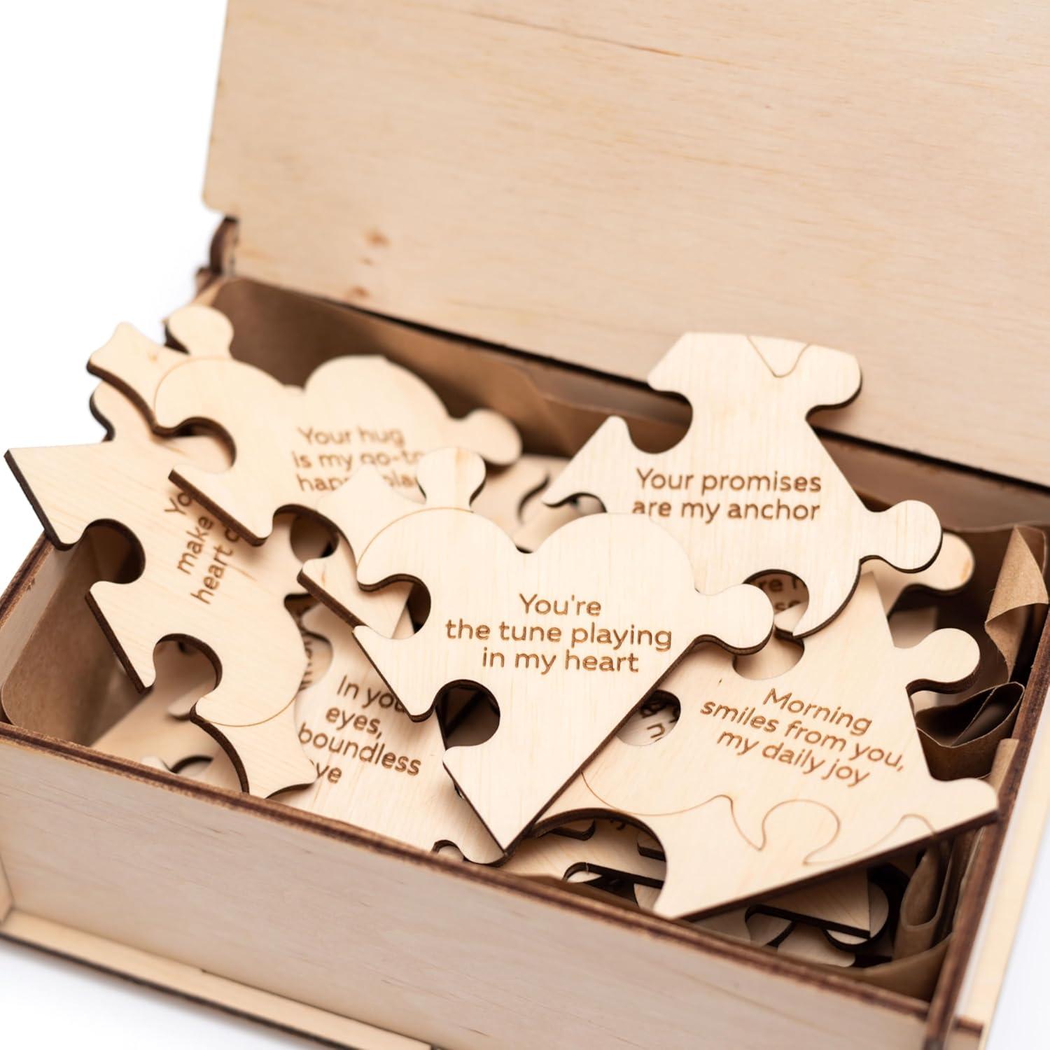 image:imageReasons Why I Love You Personalized Wooden Heart Puzzle in Wood Box Custom Sentimental Valentines Day Gifts For Him and Her Wedding Keepsake Gift Box Mini 16 pcs PecanLight