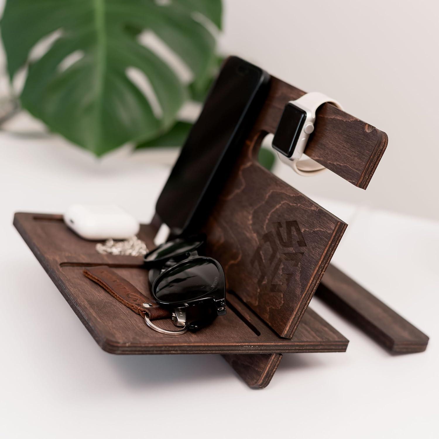 image:imageWood Phone Docking Station Wooden Charging Station Nightstand Organizer Bedside Phone Charger Station Watch Stand for Men Iphone Docking Station Idea for Anniversary Gifts Design 2Design 2
