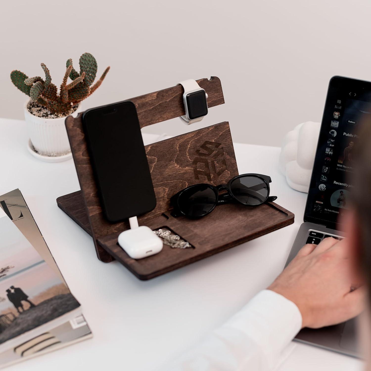 image:imageWood Phone Docking Station Wooden Charging Station Nightstand Organizer Bedside Phone Charger Station Watch Stand for Men Iphone Docking Station Idea for Anniversary Gifts Design 2Design 2