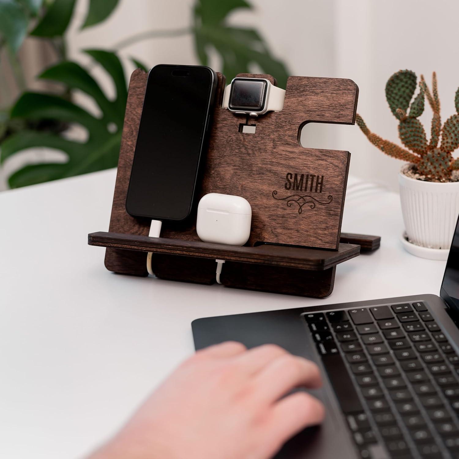 image:imageWood Phone Docking Station Wooden Charging Station Nightstand Organizer Bedside Phone Charger Station Watch Stand for Men Iphone Docking Station Idea for Anniversary Gifts Design 2Design 1