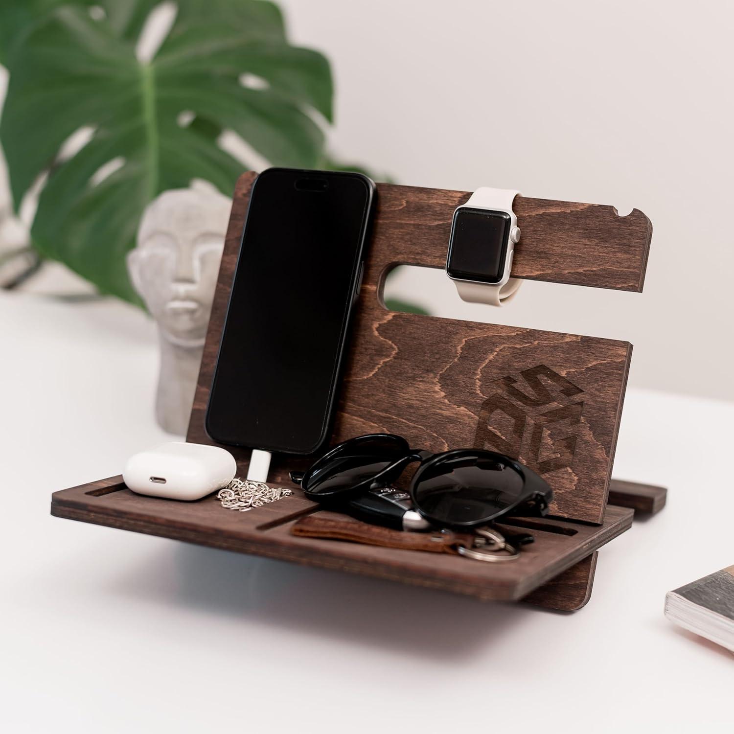 image:imageWood Phone Docking Station Wooden Charging Station Nightstand Organizer Bedside Phone Charger Station Watch Stand for Men Iphone Docking Station Idea for Anniversary Gifts Design 2Design 2