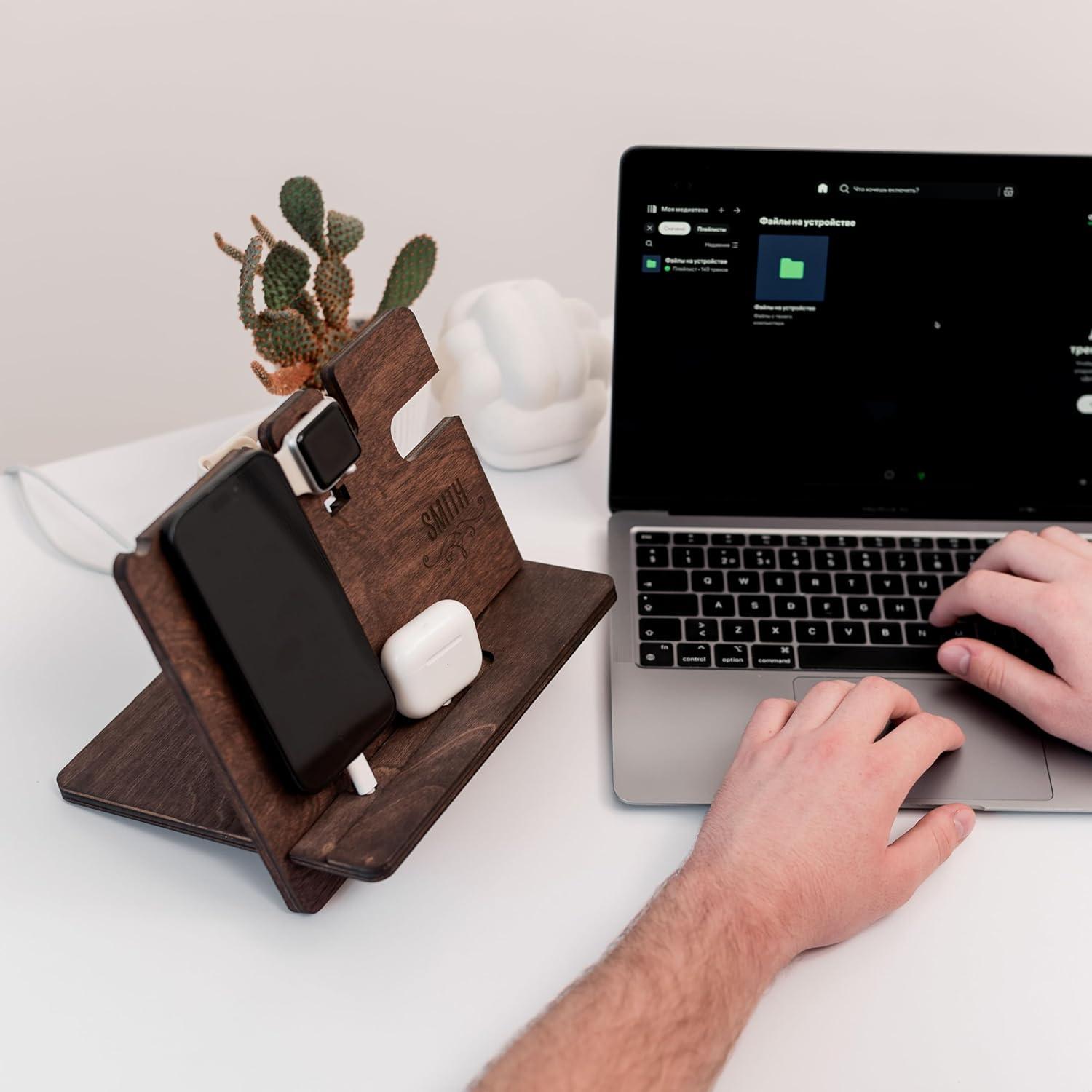 image:imageWood Phone Docking Station Wooden Charging Station Nightstand Organizer Bedside Phone Charger Station Watch Stand for Men Iphone Docking Station Idea for Anniversary Gifts Design 2Design 1