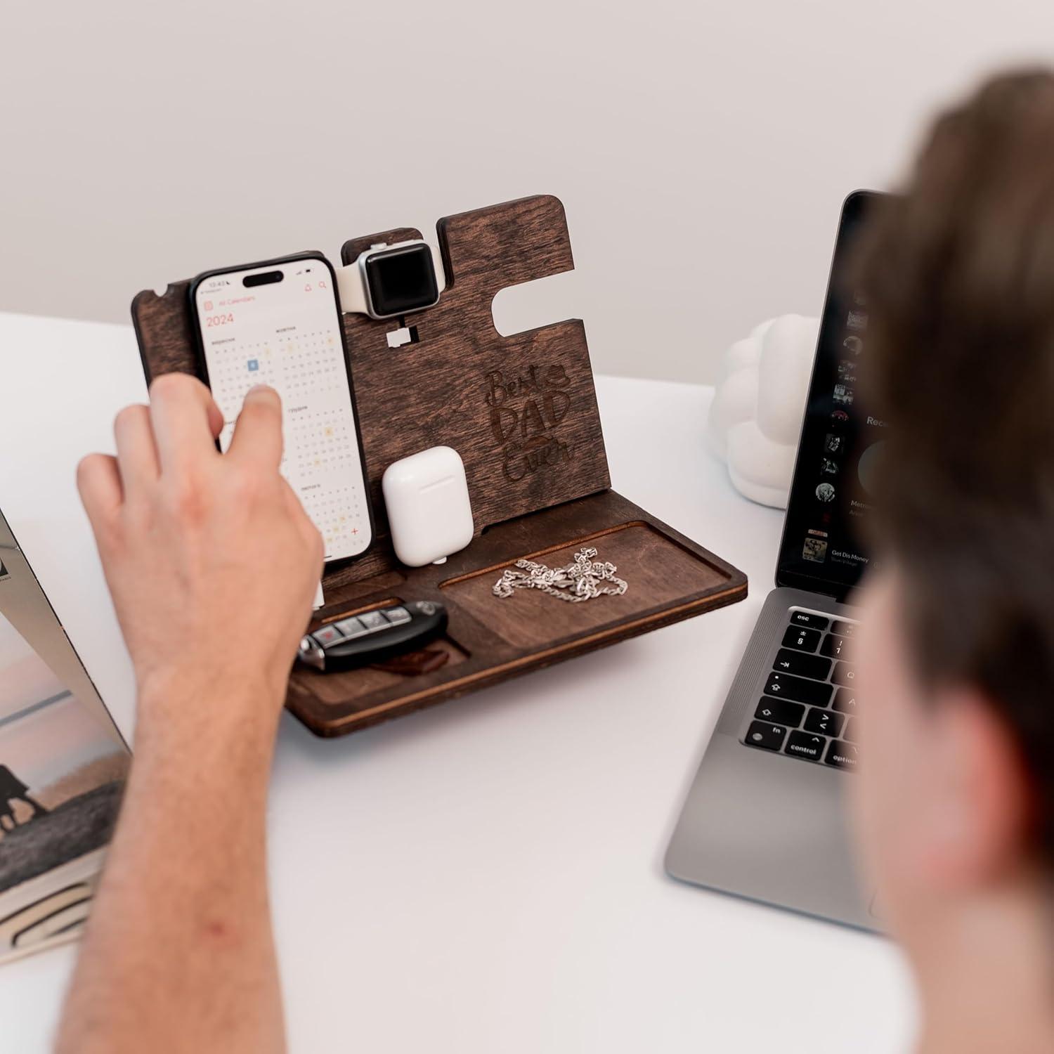 image:imageWood Phone Docking Station Wooden Charging Station Nightstand Organizer Bedside Phone Charger Station Watch Stand for Men Iphone Docking Station Idea for Anniversary Gifts Design 2Design 3