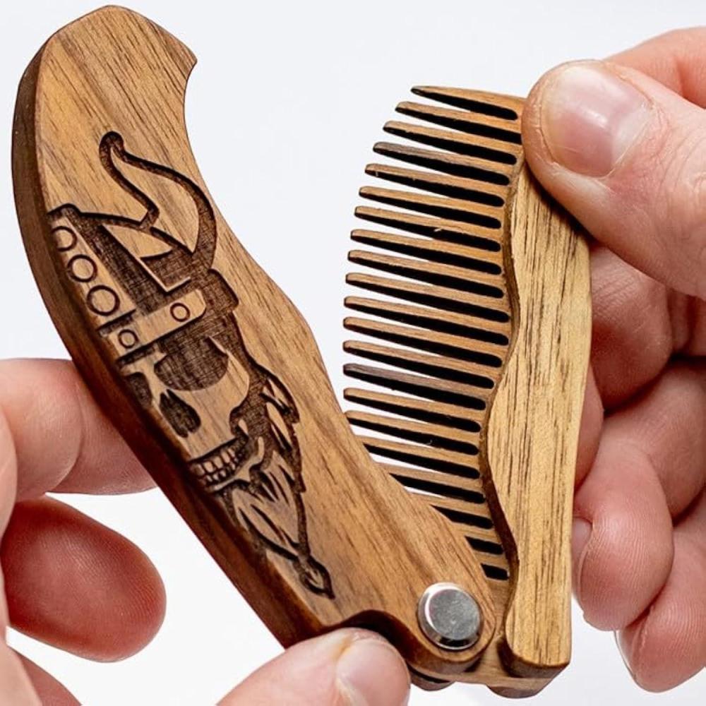 image:imageBeard Comb for Men Pocket Folding Combs for Mustache amp Hair Travel Natural Wooden Comb with Real Man Engraving Perfect for Use wBeard Balm Oil Wavy Half Skull Model WVModel WV