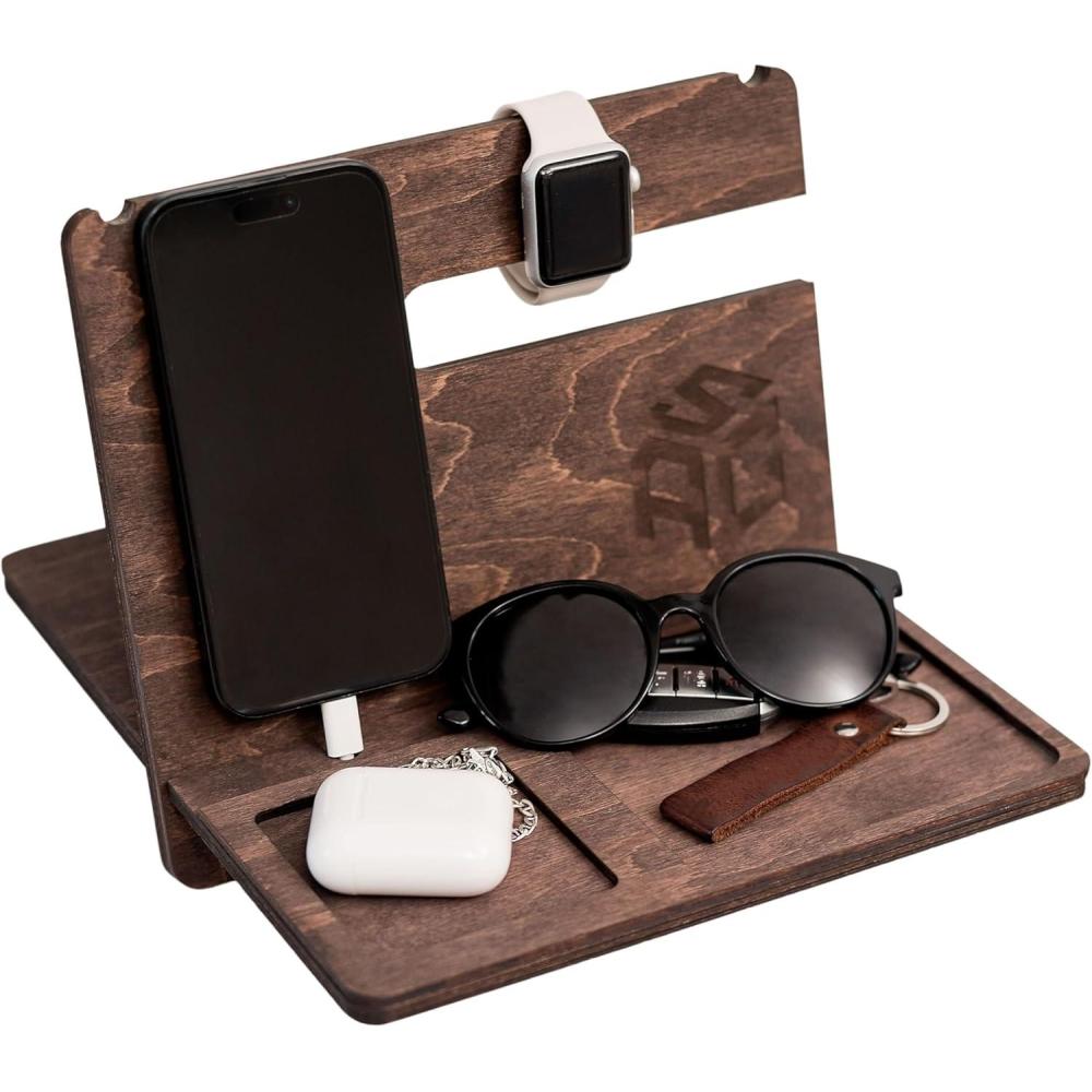 image:imageWood Phone Docking Station Wooden Charging Station Nightstand Organizer Bedside Phone Charger Station Watch Stand for Men Iphone Docking Station Idea for Anniversary Gifts Design 2Design 2