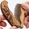 Beard Comb for Men Pocket Folding Combs for Mustache & Hair Travel Natural Wooden Comb with Real Man Engraving – Perfect for Use w/Beard Balm Oil (Wavy Half Skull) (Model WV)(Model WV)