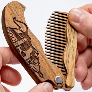 Beard Comb for Men Pocket Folding Combs for Mustache & Hair Travel Natural Wooden Comb with Real Man Engraving – Perfect for Use w/Beard Balm Oil (Wavy Half Skull) (Model WV)(Model WV)