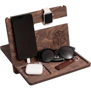 Wood Phone Docking Station – Wooden Charging Station Nightstand Organizer Bedside Phone Charger Station – Watch Stand for Men Iphone Docking Station – Idea for Anniversary Gifts (Design 2)(Design 2)
